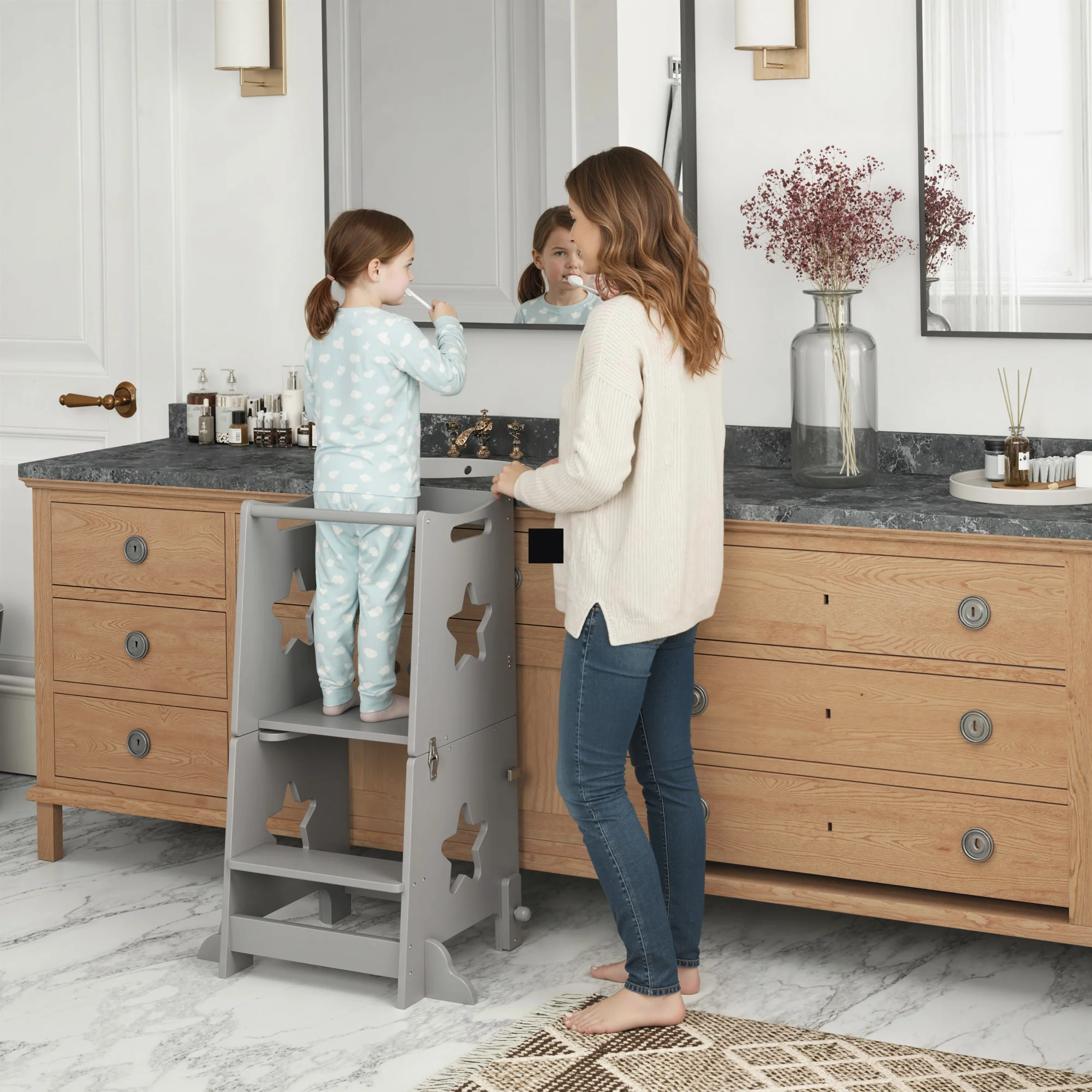 AIYAPLAY 2-in-1 Toddler Step Stool With Safety Rail For Kitchen, Grey - Image 2