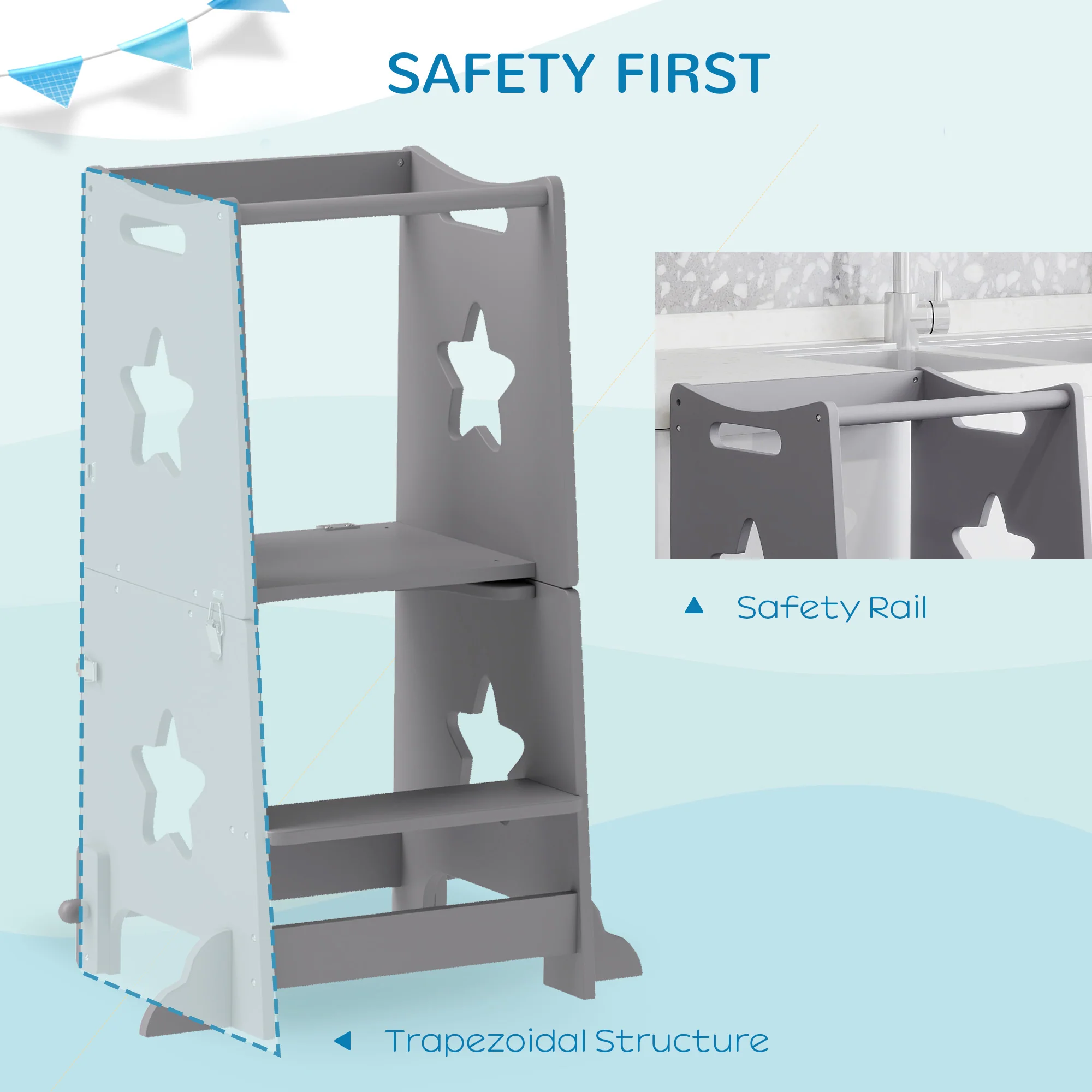 AIYAPLAY 2-in-1 Toddler Step Stool With Safety Rail For Kitchen, Grey - Image 3