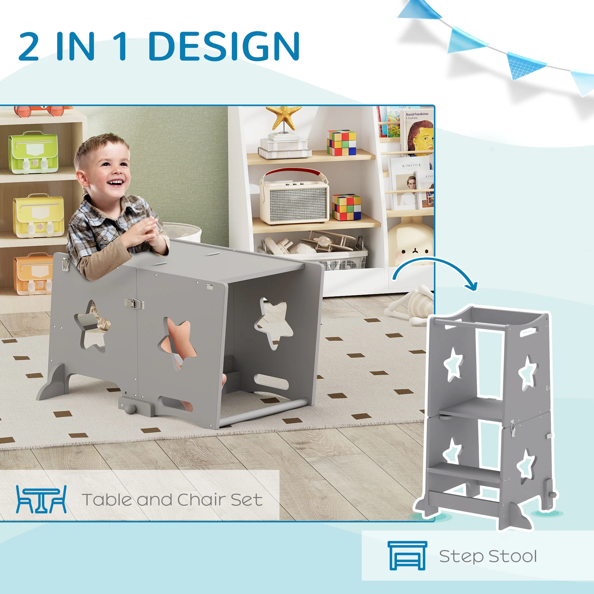 AIYAPLAY 2-in-1 Toddler Step Stool With Safety Rail For Kitchen, Grey - Image 4