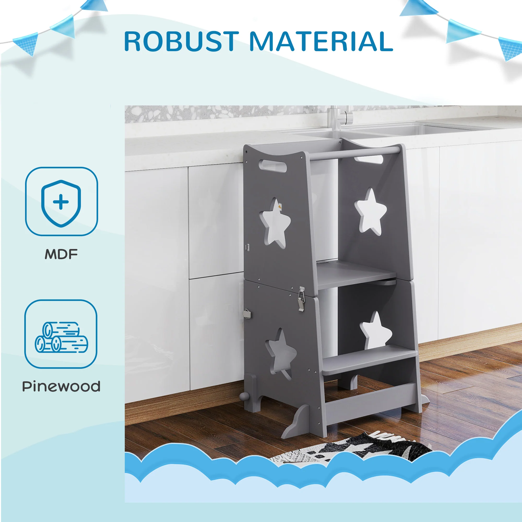 AIYAPLAY 2-in-1 Toddler Step Stool With Safety Rail For Kitchen, Grey - Image 6