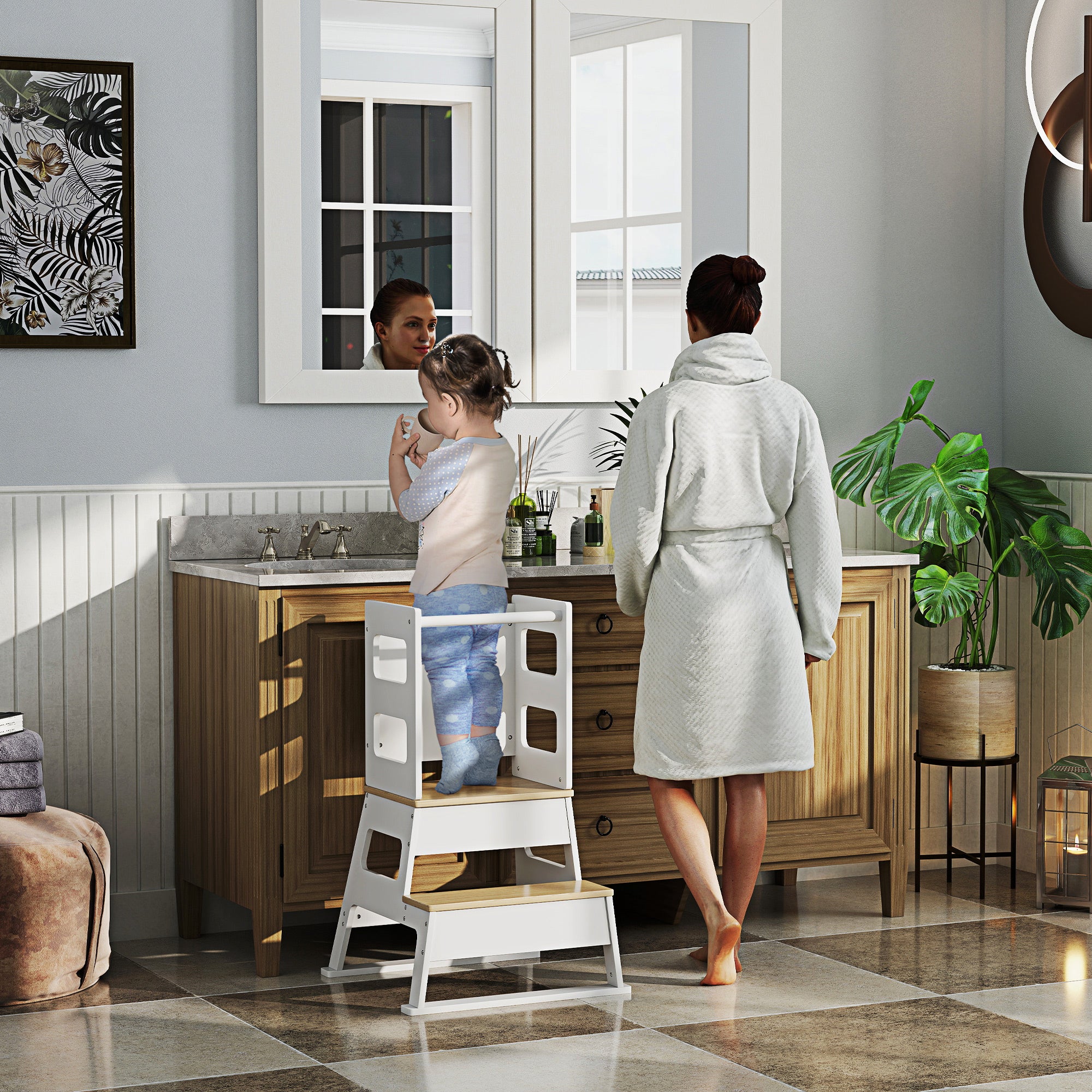 AIYAPLAY 2 in 1 Toddler Tower w/ Chalkboard, Safety Rail, for Kitchen, Sink - Image 2