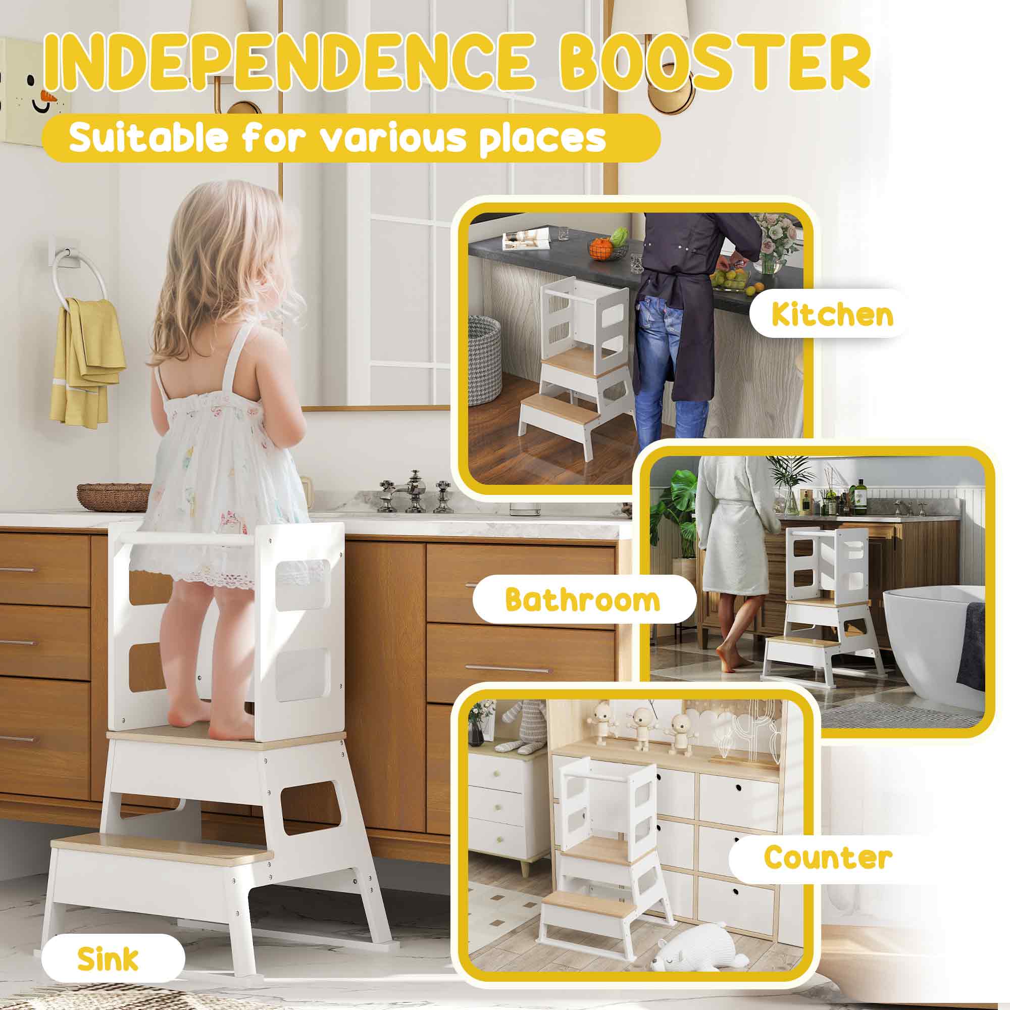 AIYAPLAY 2 in 1 Toddler Tower w/ Chalkboard, Safety Rail, for Kitchen, Sink - Image 3
