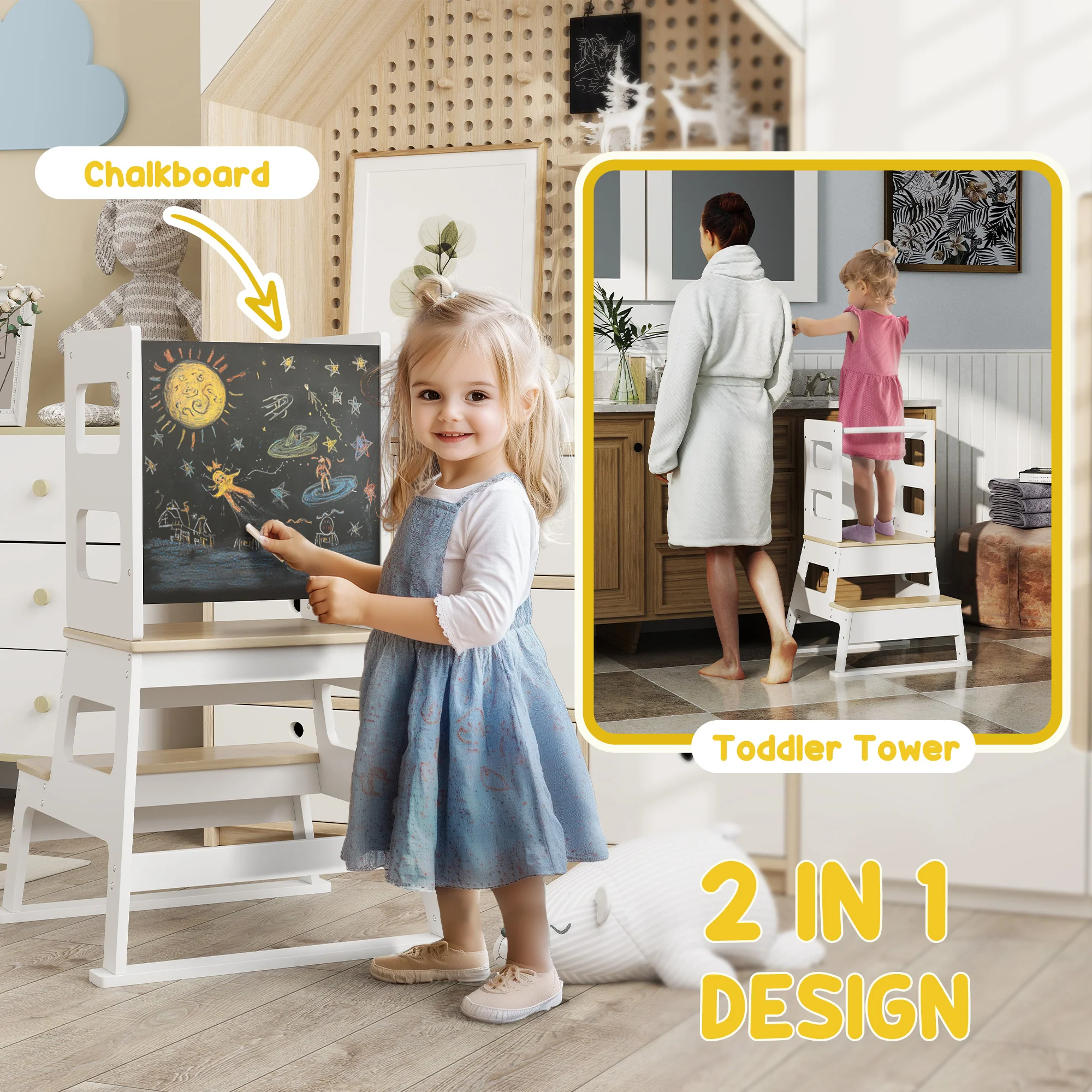 AIYAPLAY 2 in 1 Toddler Tower w/ Chalkboard, Safety Rail, for Kitchen, Sink - Image 4