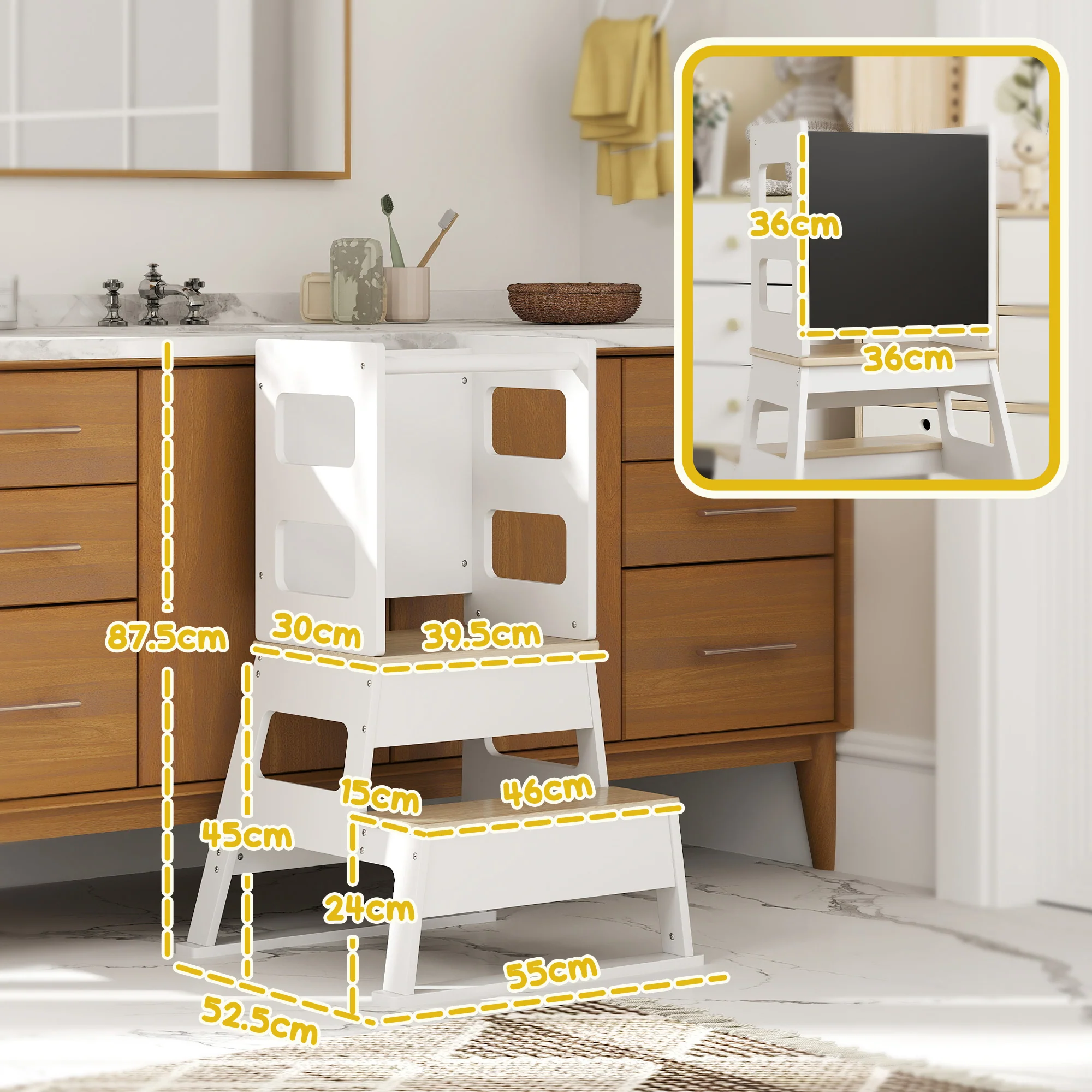 AIYAPLAY 2 in 1 Toddler Tower w/ Chalkboard, Safety Rail, for Kitchen, Sink - Image 5