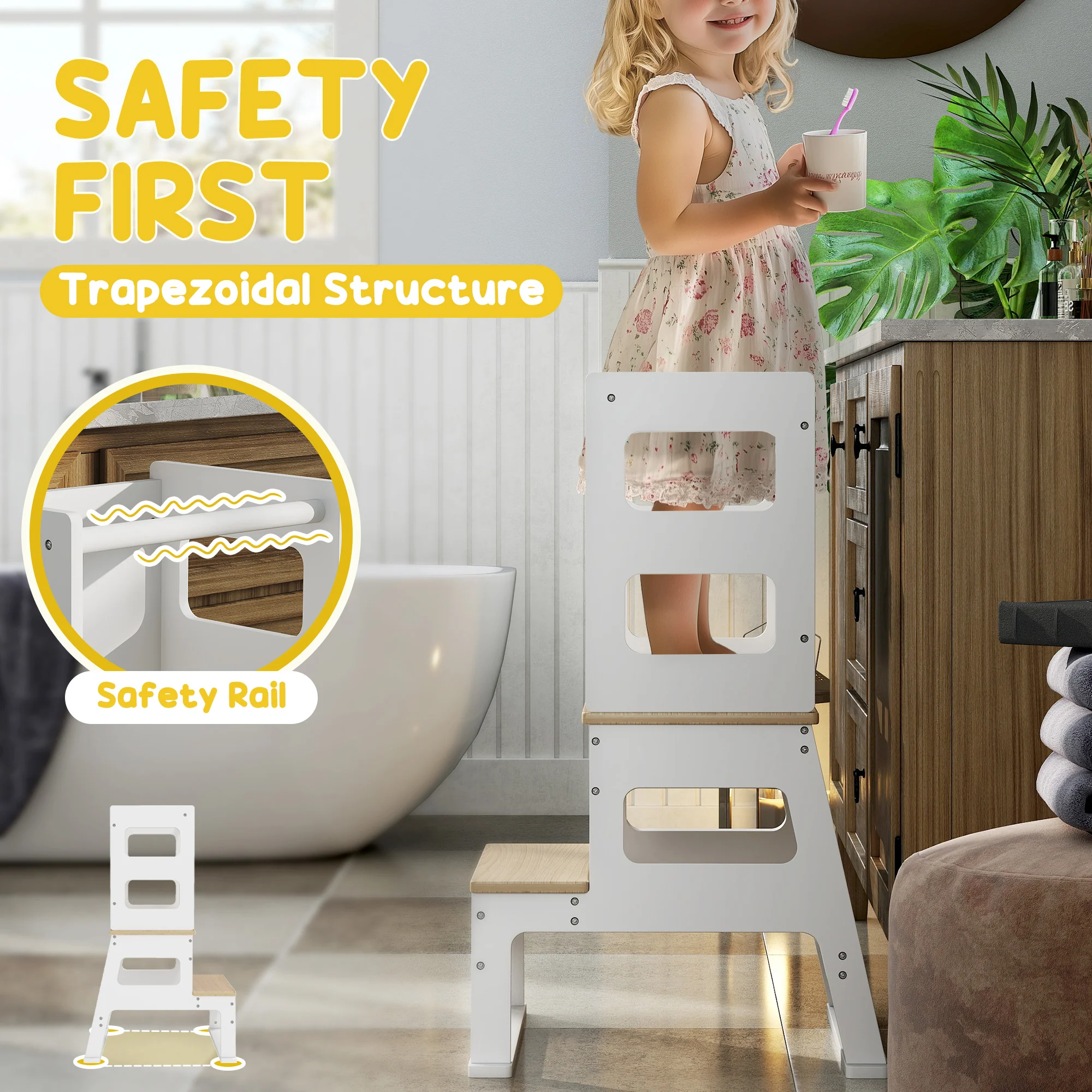 AIYAPLAY 2 in 1 Toddler Tower w/ Chalkboard, Safety Rail, for Kitchen, Sink - Image 6