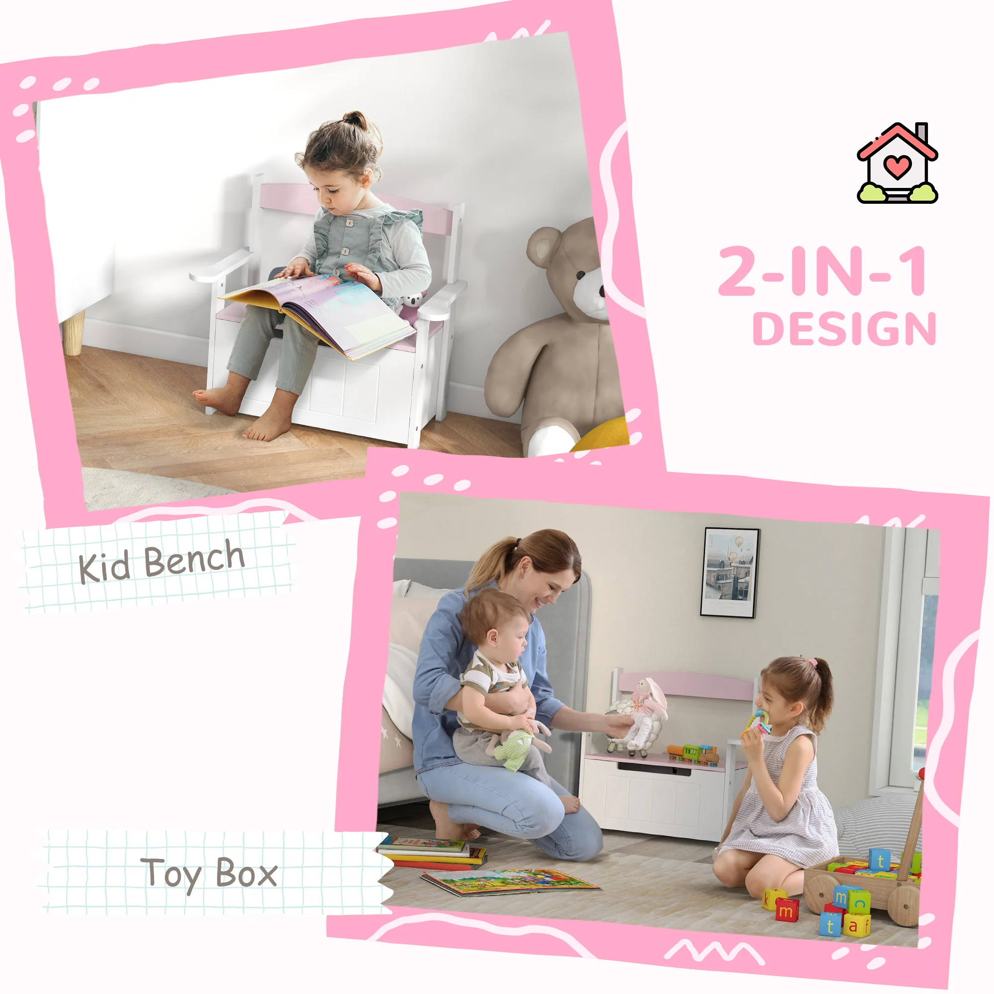 AIYAPLAY 2 in 1 Toy Box for Kids with Safety Lid for Bedroom. Nursery, Pink - Image 3