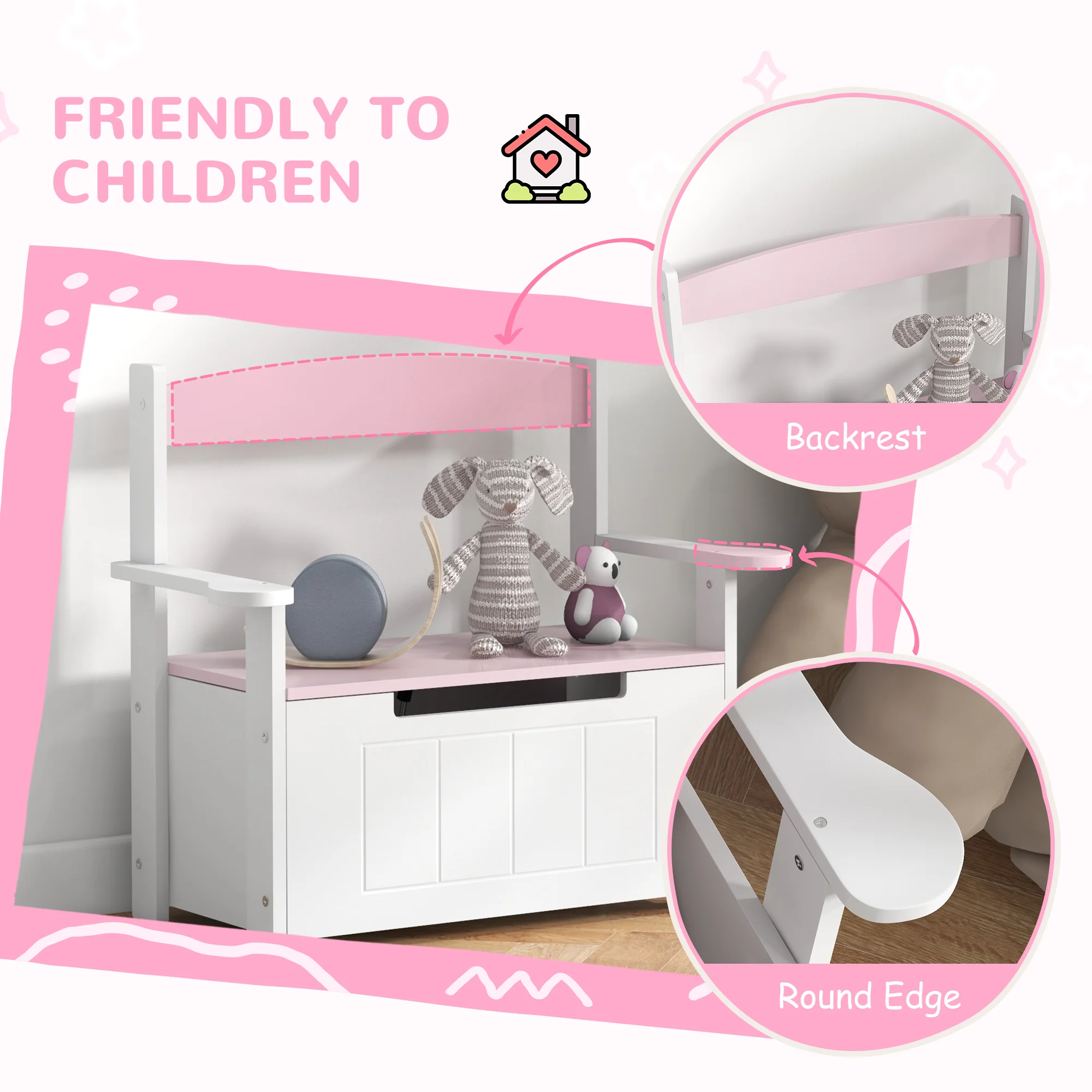 AIYAPLAY 2 in 1 Toy Box for Kids with Safety Lid for Bedroom. Nursery, Pink - Image 4