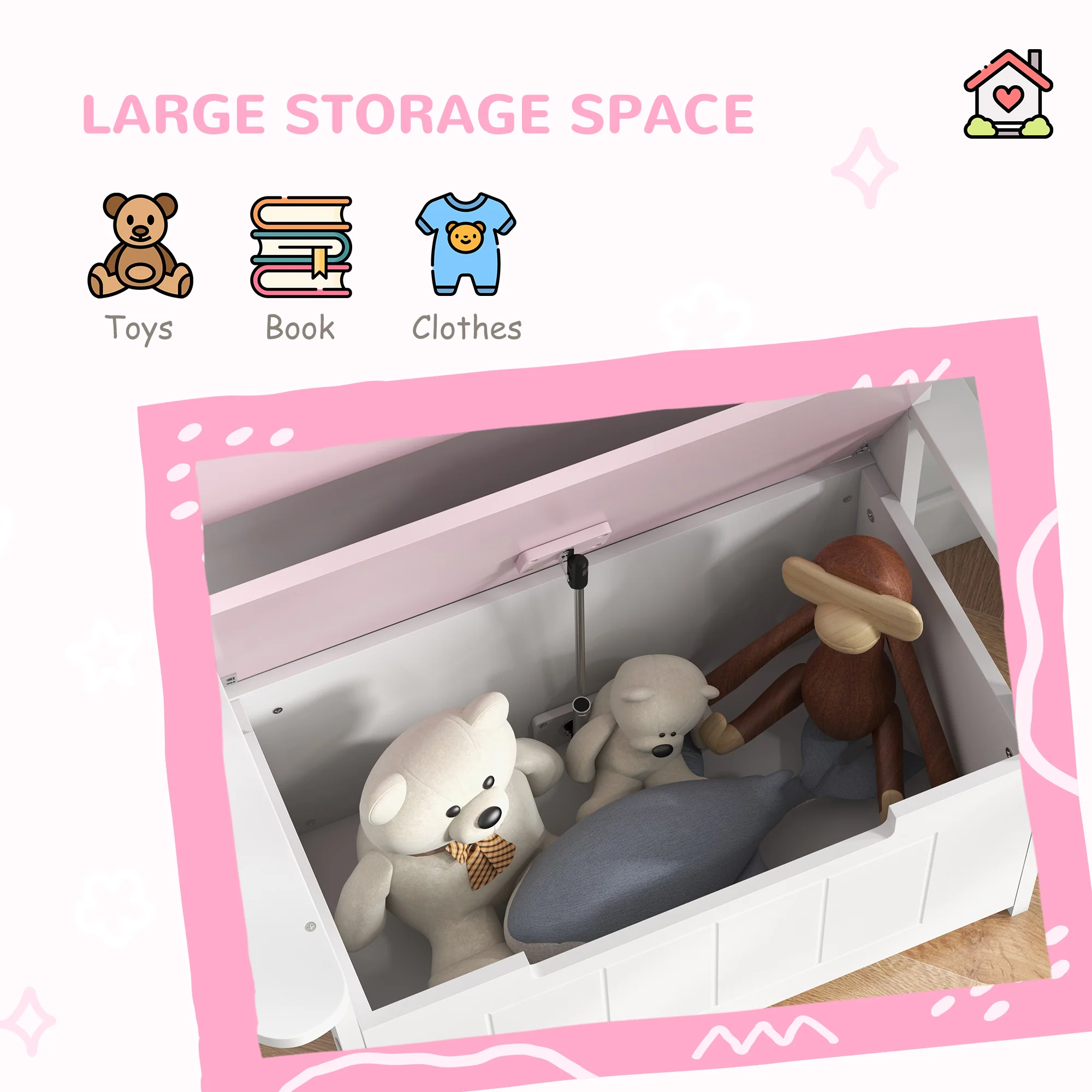 AIYAPLAY 2 in 1 Toy Box for Kids with Safety Lid for Bedroom. Nursery, Pink - Image 7