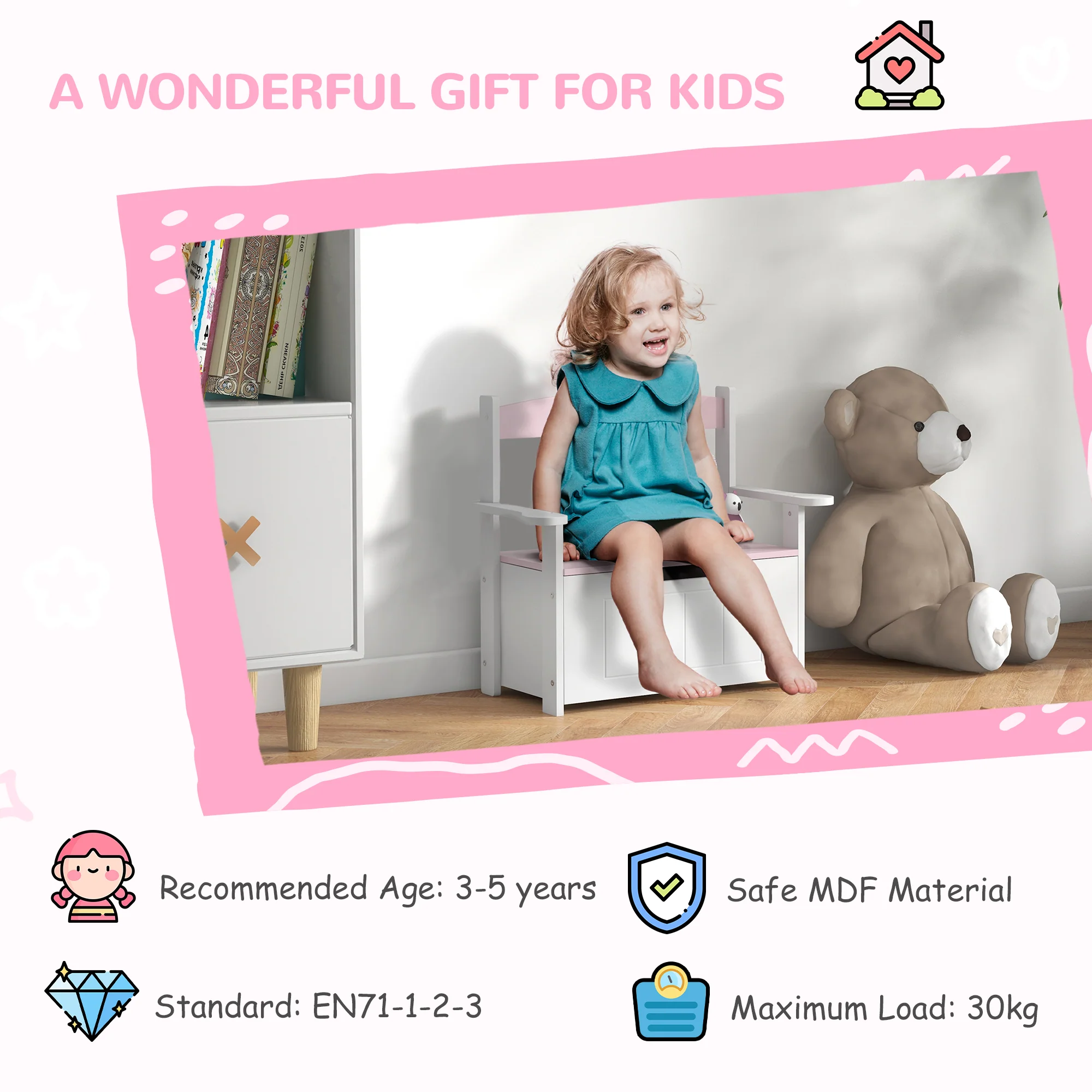 AIYAPLAY 2 in 1 Toy Box for Kids with Safety Lid for Bedroom. Nursery, Pink - Image 8