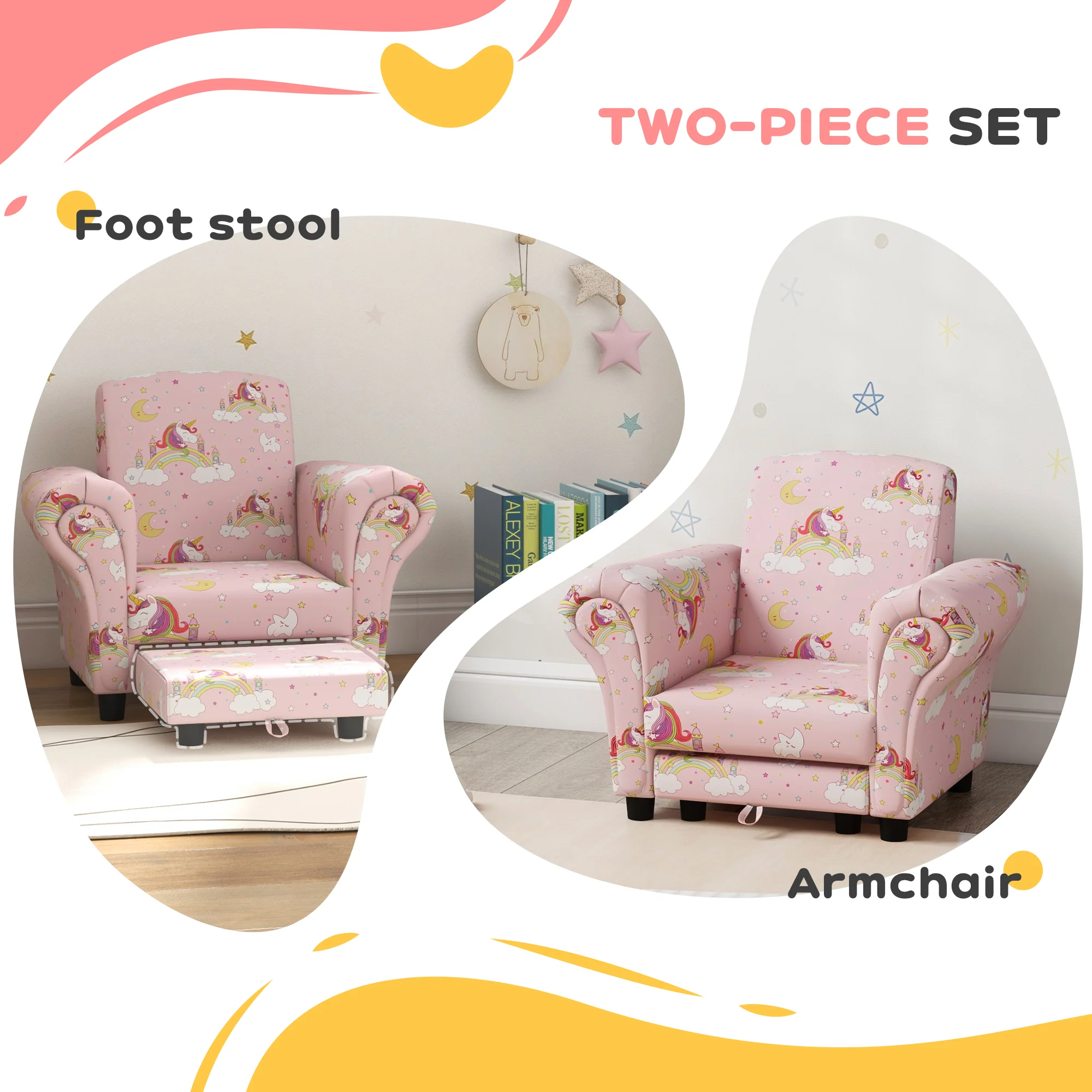 AIYAPLAY 2 Piece Kids Sofa Set with Unicorn Design, for Nursery, Pink - Image 3