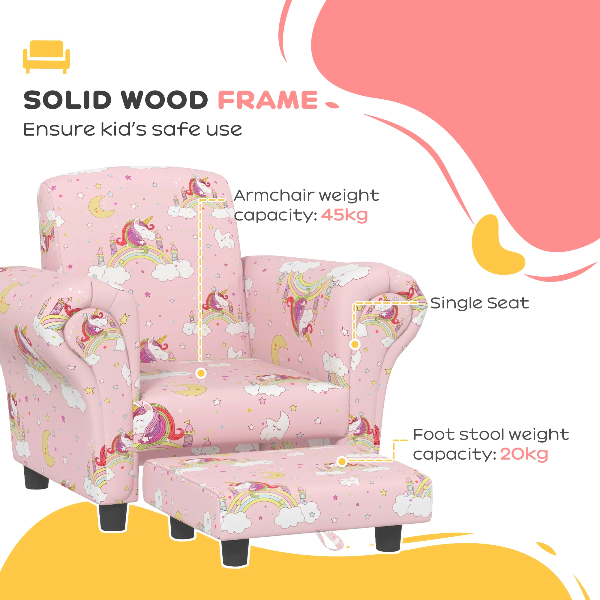 AIYAPLAY 2 Piece Kids Sofa Set with Unicorn Design, for Nursery, Pink - Image 4