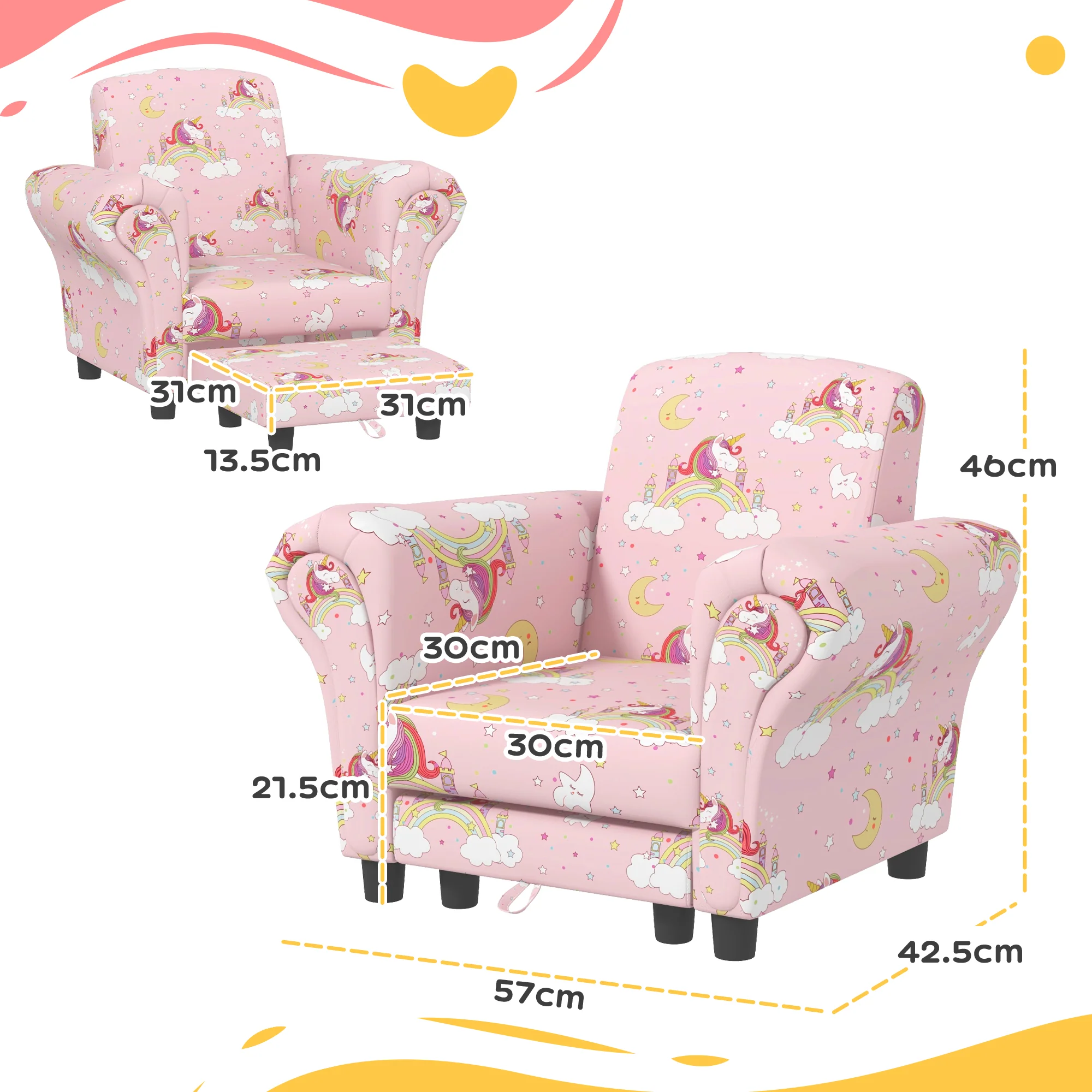 AIYAPLAY 2 Piece Kids Sofa Set with Unicorn Design, for Nursery, Pink - Image 5