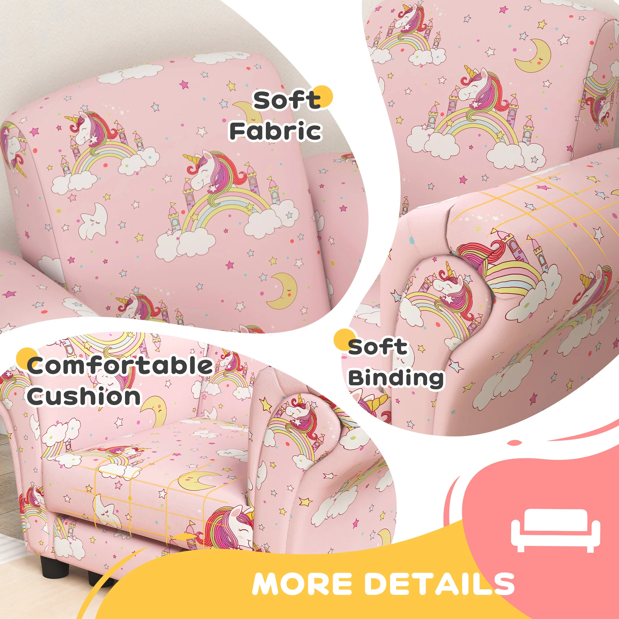 AIYAPLAY 2 Piece Kids Sofa Set with Unicorn Design, for Nursery, Pink - Image 6