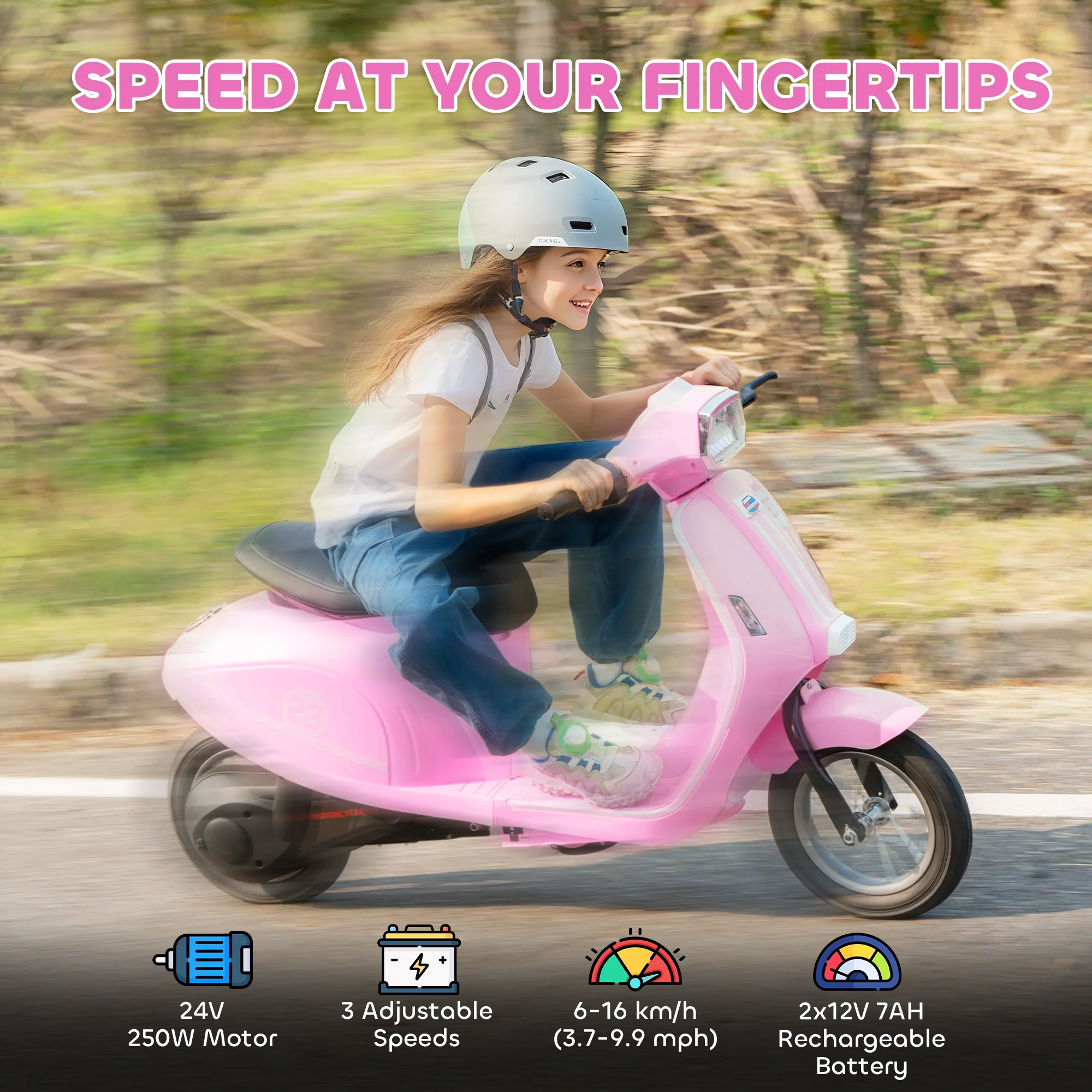 AIYAPLAY 24V Battery Powered Ride On Motorcycle With Manual Throttle, Pink - Image 3