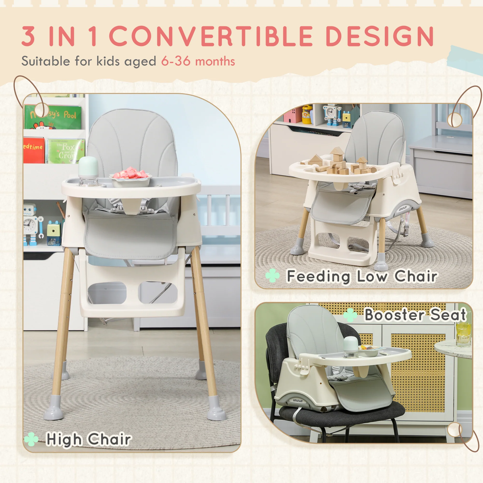 AIYAPLAY 3 in 1 High Chair, Baby Chair, Booster Seat, Easy Clean & Foldable - Image 3