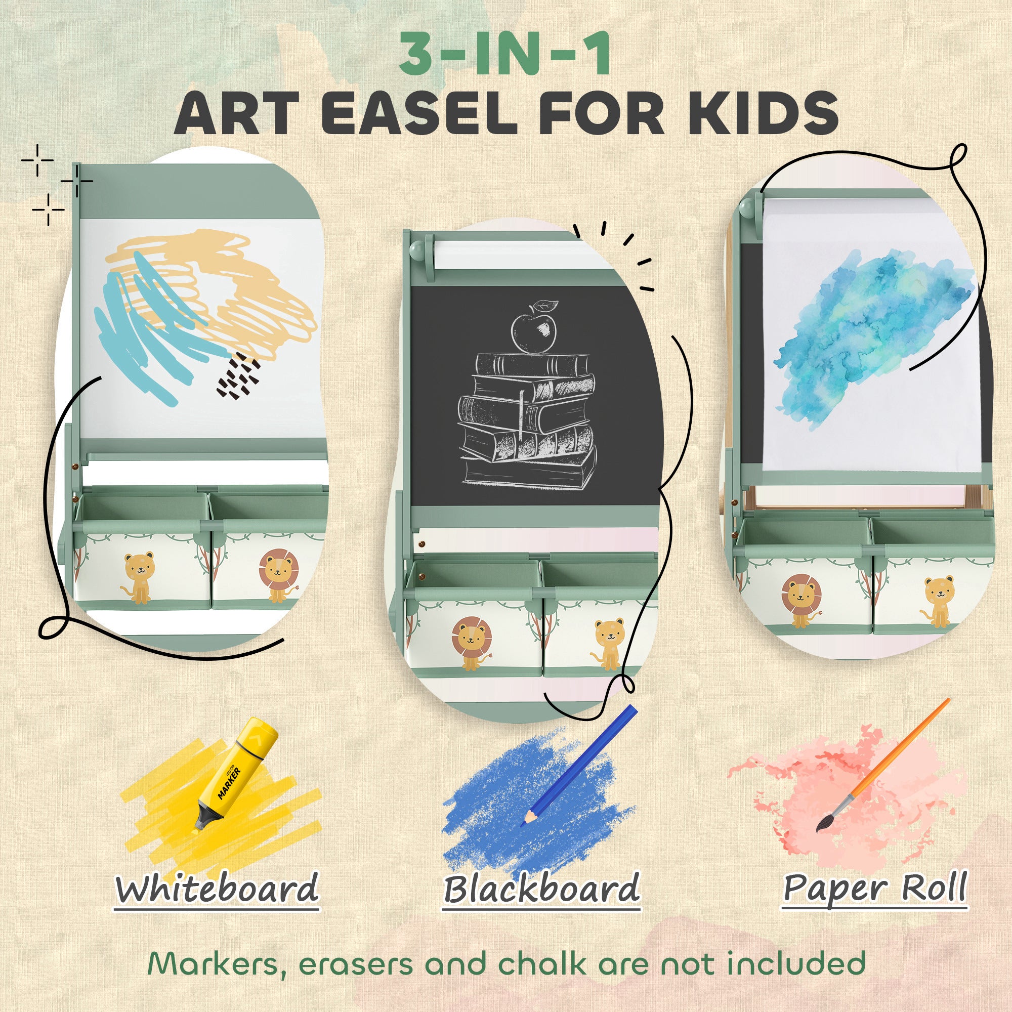 AIYAPLAY 3-in-1 Kids Easel, Double-Sided Art Easel With Paper Roll - Image 3