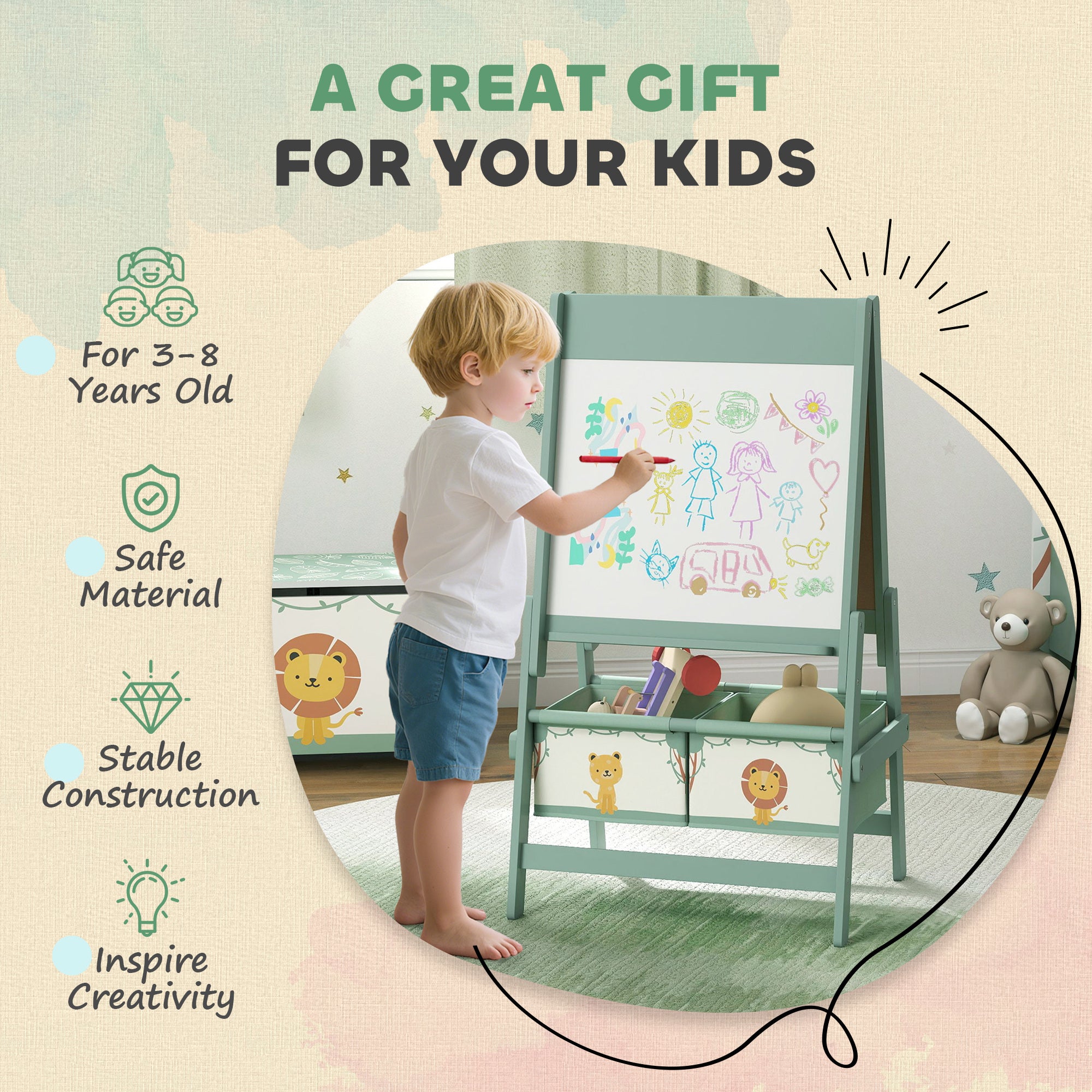 AIYAPLAY 3-in-1 Kids Easel, Double-Sided Art Easel With Paper Roll - Image 6