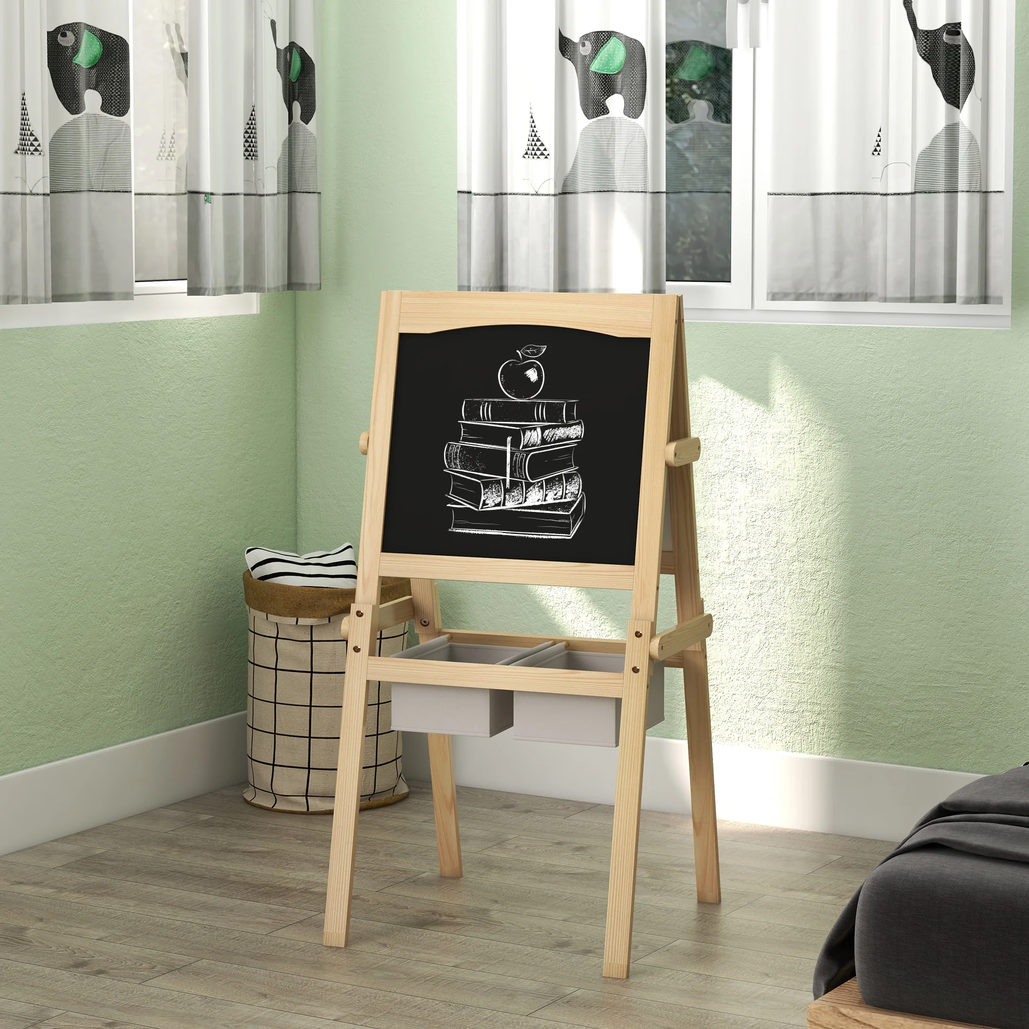 AIYAPLAY 3 In 1 Kids Easel With Paper Roll, Storage Baskets - Natural - Image 8