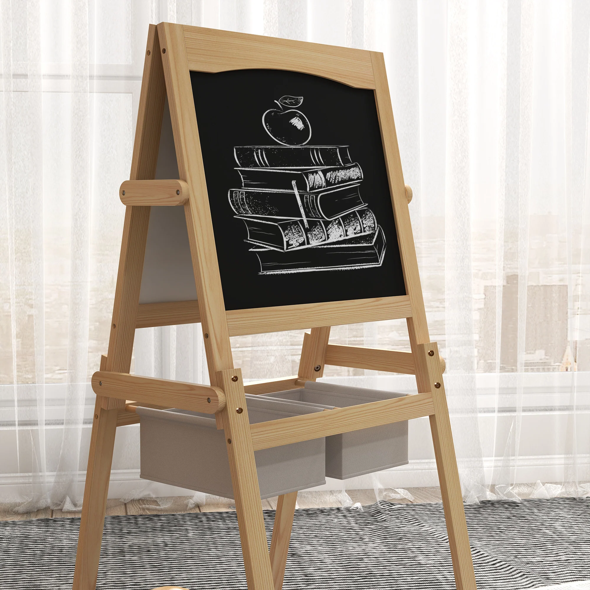 AIYAPLAY 3 In 1 Kids Easel With Paper Roll, Storage Baskets - Natural - Image 9