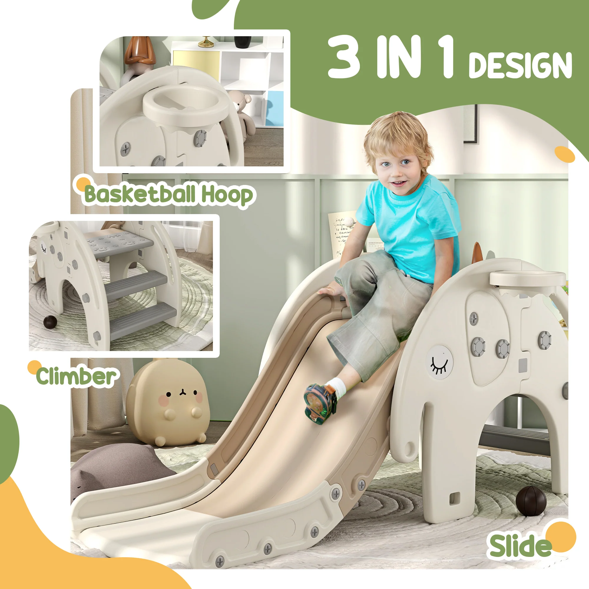 AIYAPLAY 3 In 1 Kids Slide For 1-3 Years, Elephant-Themed Indoor Slide - Image 3