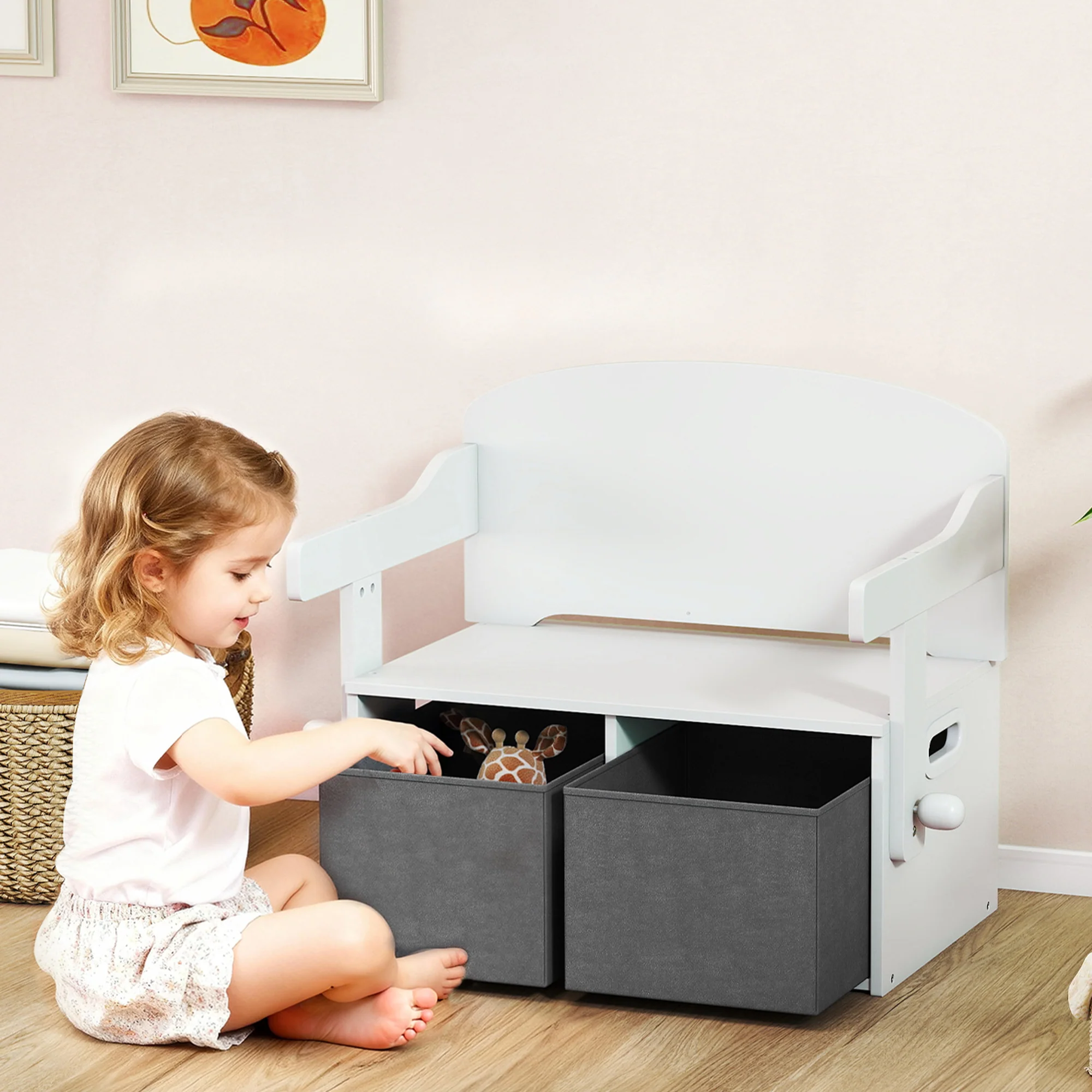 AIYAPLAY 3 in 1 Kids Storage Bench, Toddler Table and Chair Set, White - Image 2