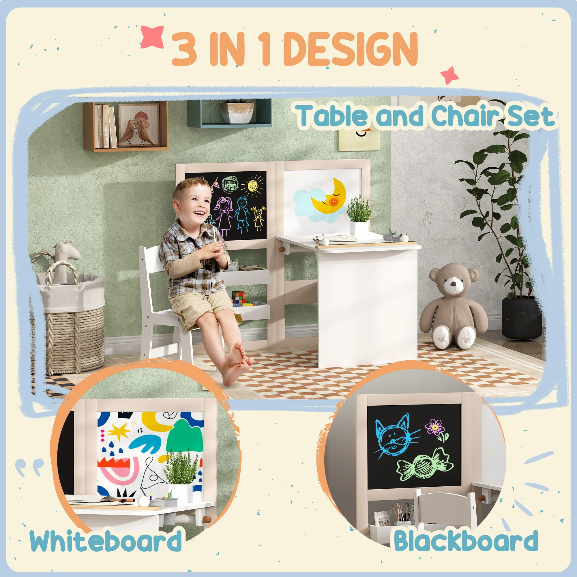 AIYAPLAY 3 in 1 Kids Table and Chair Set with Whiteboard and Blackboard - Image 3