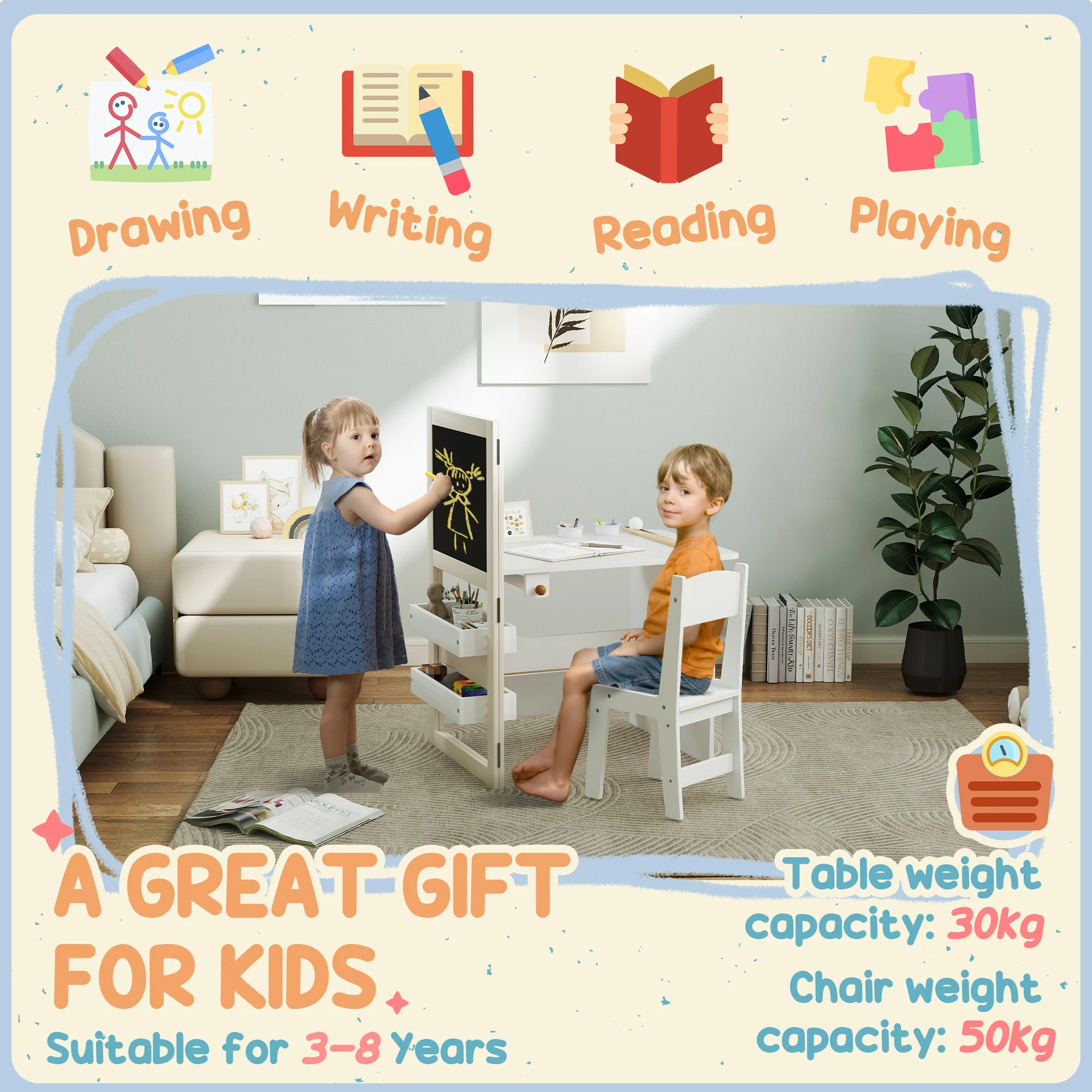 AIYAPLAY 3 in 1 Kids Table and Chair Set with Whiteboard and Blackboard - Image 9