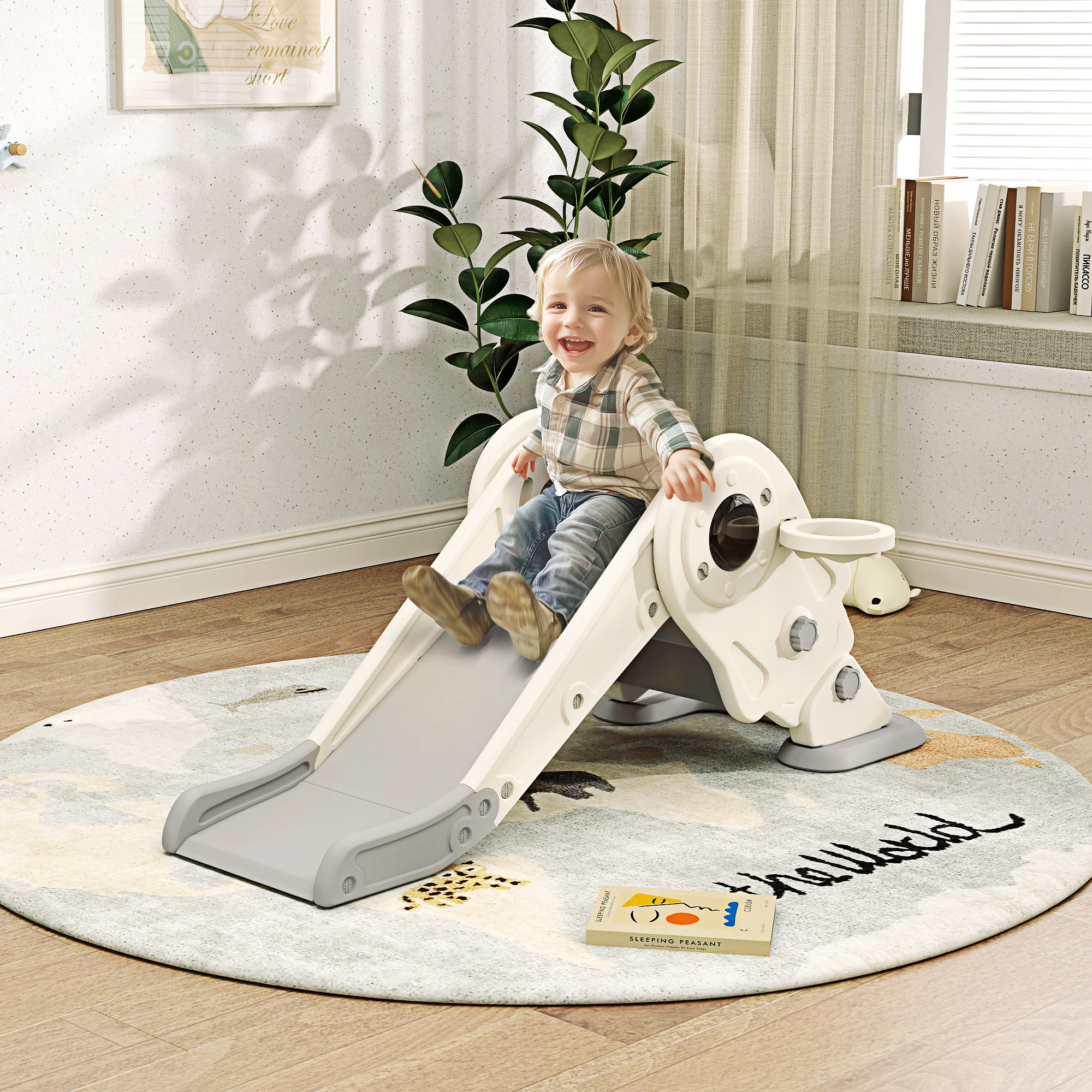 AIYAPLAY 3 in1 Kids Slide with Basketball Hoop, Climber, Cream White - Image 2
