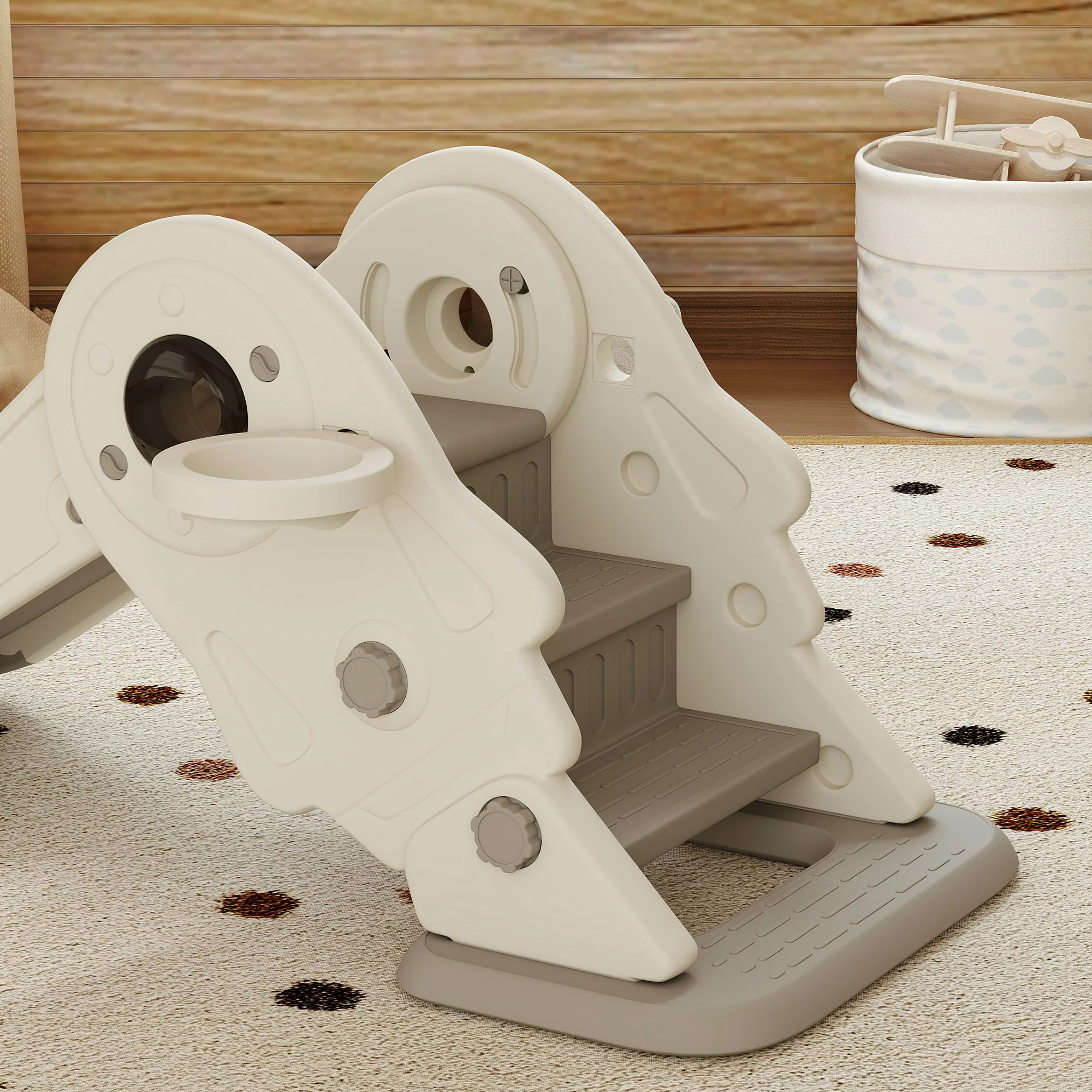 AIYAPLAY 3 in1 Kids Slide with Basketball Hoop, Climber, Cream White - Image 9