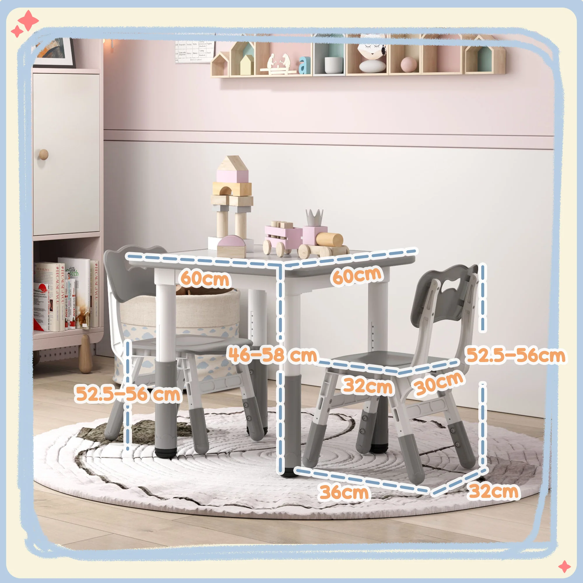 AIYAPLAY 3 Pcs Height Adjustable Kids Table And Chair Set For Playroom - Grey/Pink - Image 13