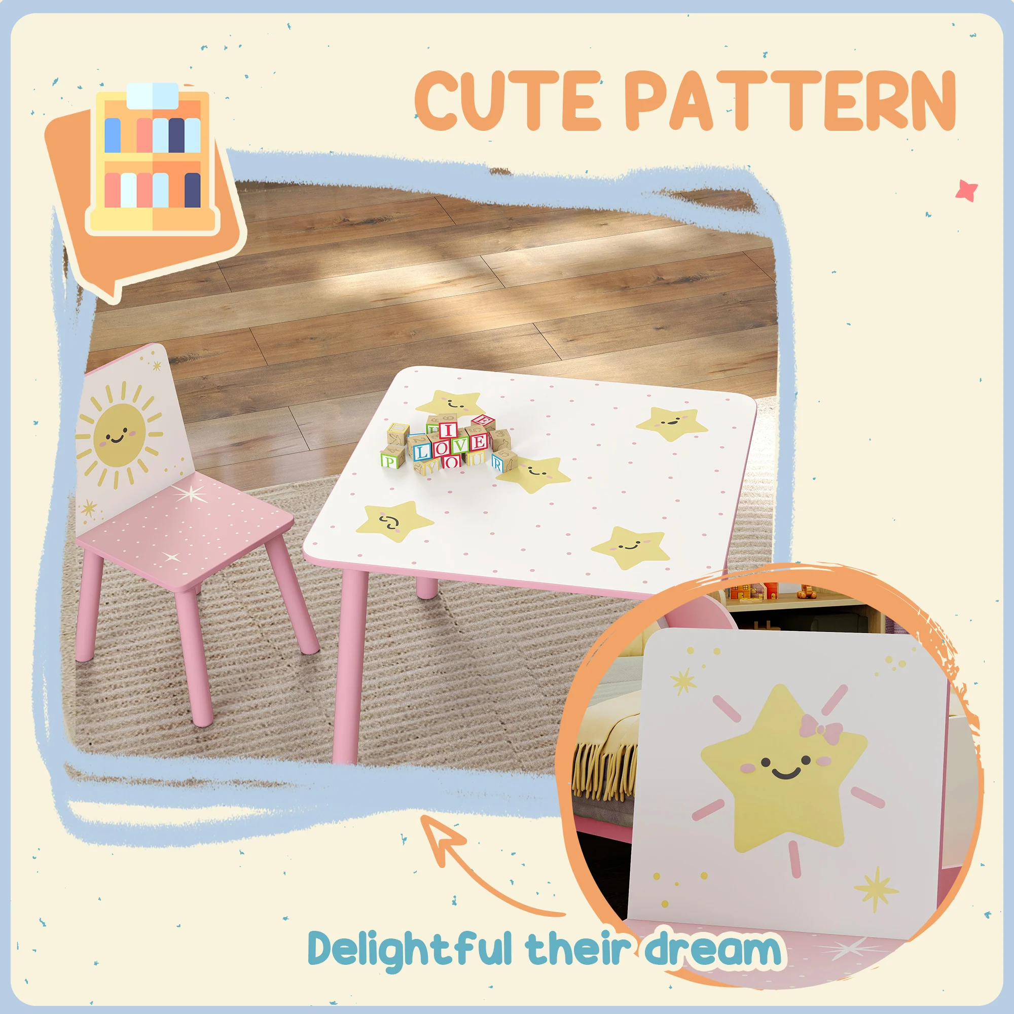 AIYAPLAY 3-Piece Kids Table With 2 Chairs Set For Bedroom Nursery - Image 13