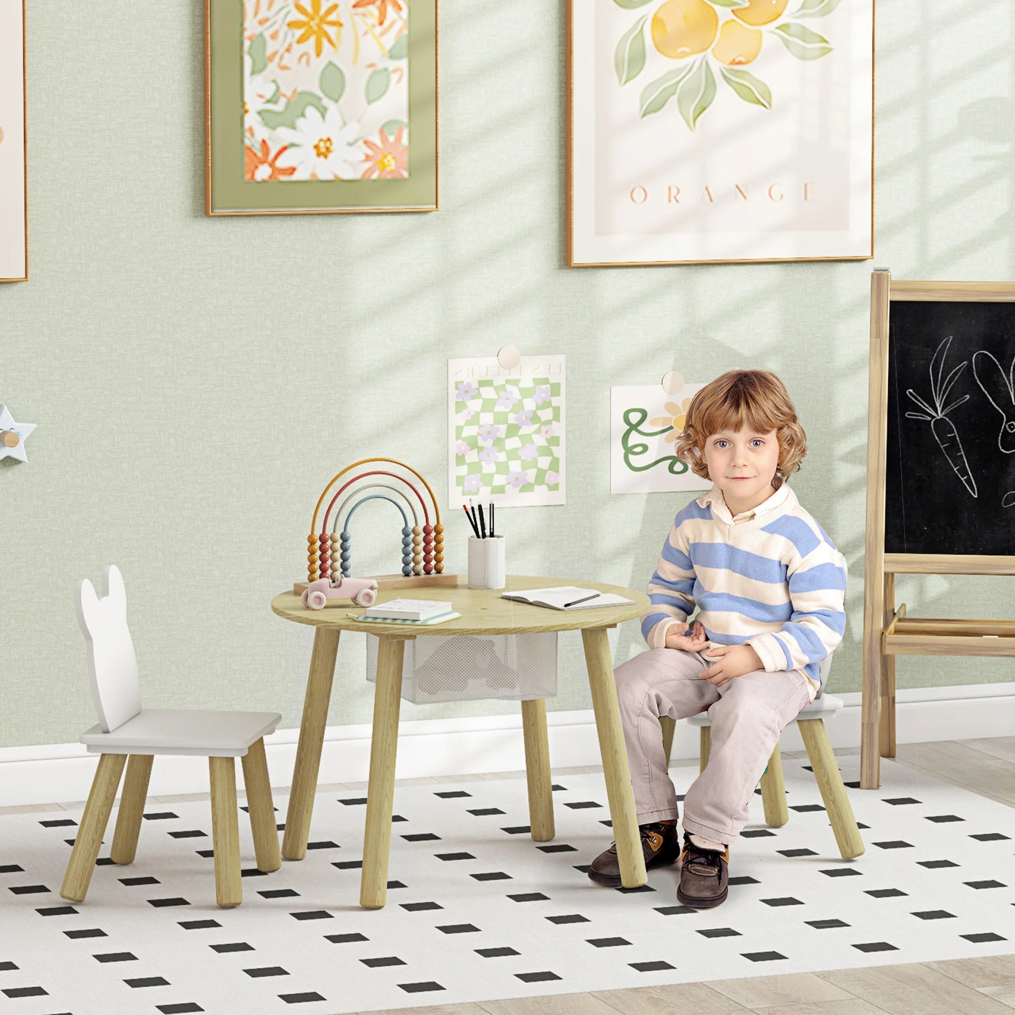 AIYAPLAY 3 Pieces Toddler Table And Chair Set W/ Centre Mesh Bag - Image 2