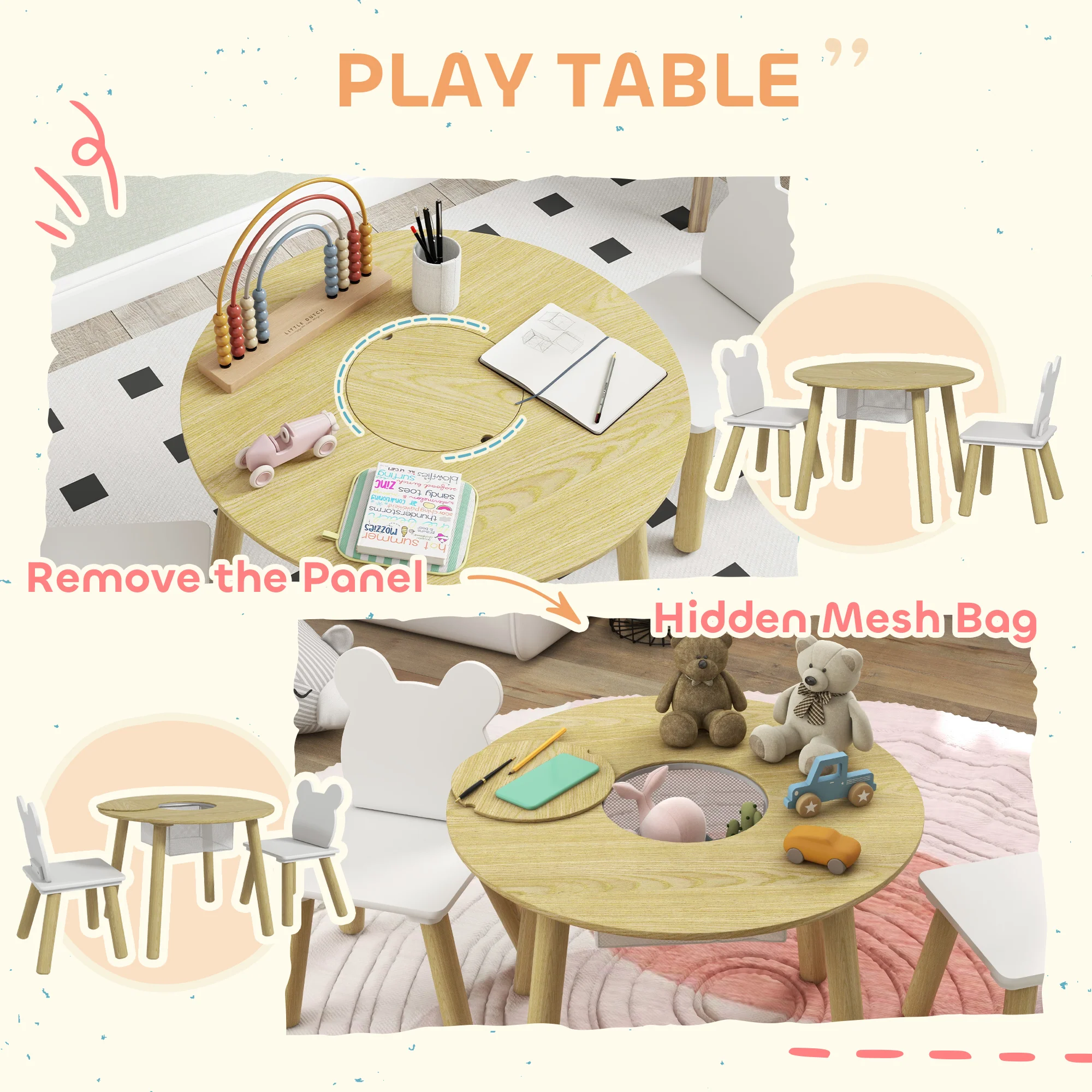 AIYAPLAY 3 Pieces Toddler Table And Chair Set W/ Centre Mesh Bag - Image 4