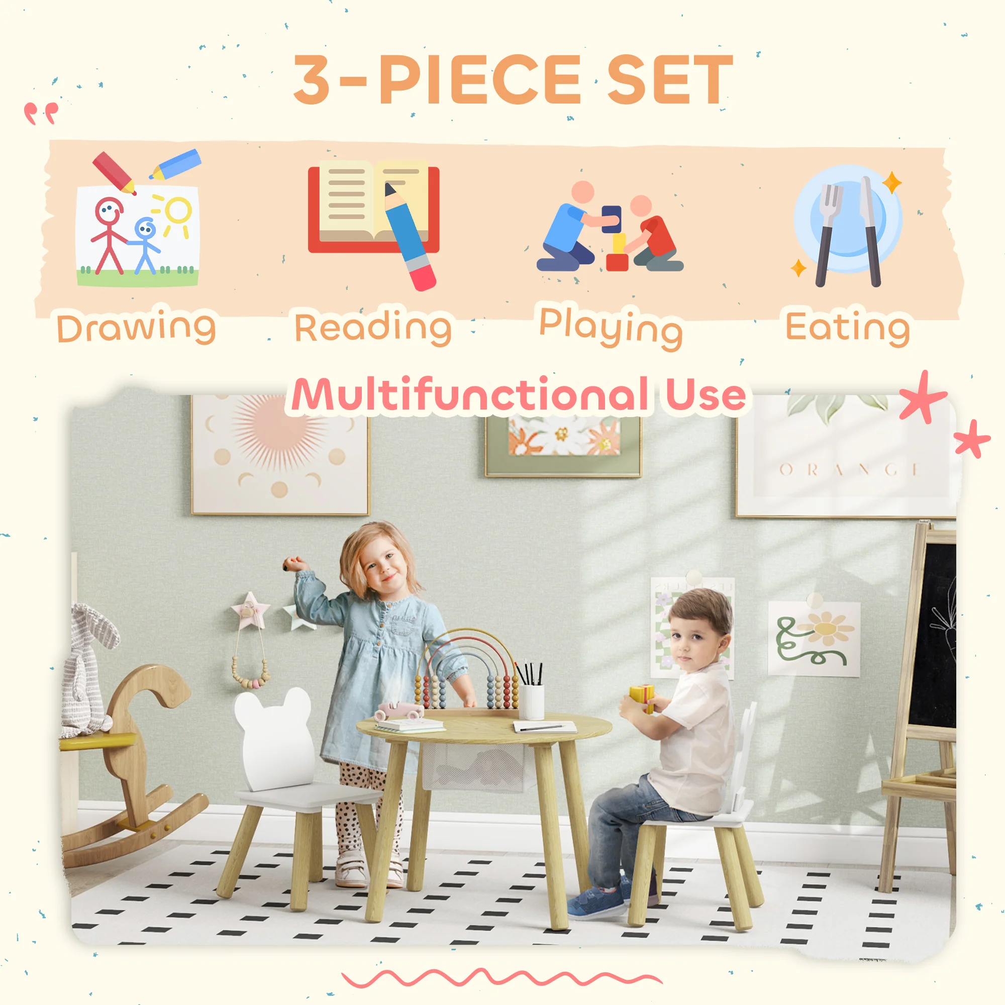 AIYAPLAY 3 Pieces Toddler Table And Chair Set W/ Centre Mesh Bag - Image 6