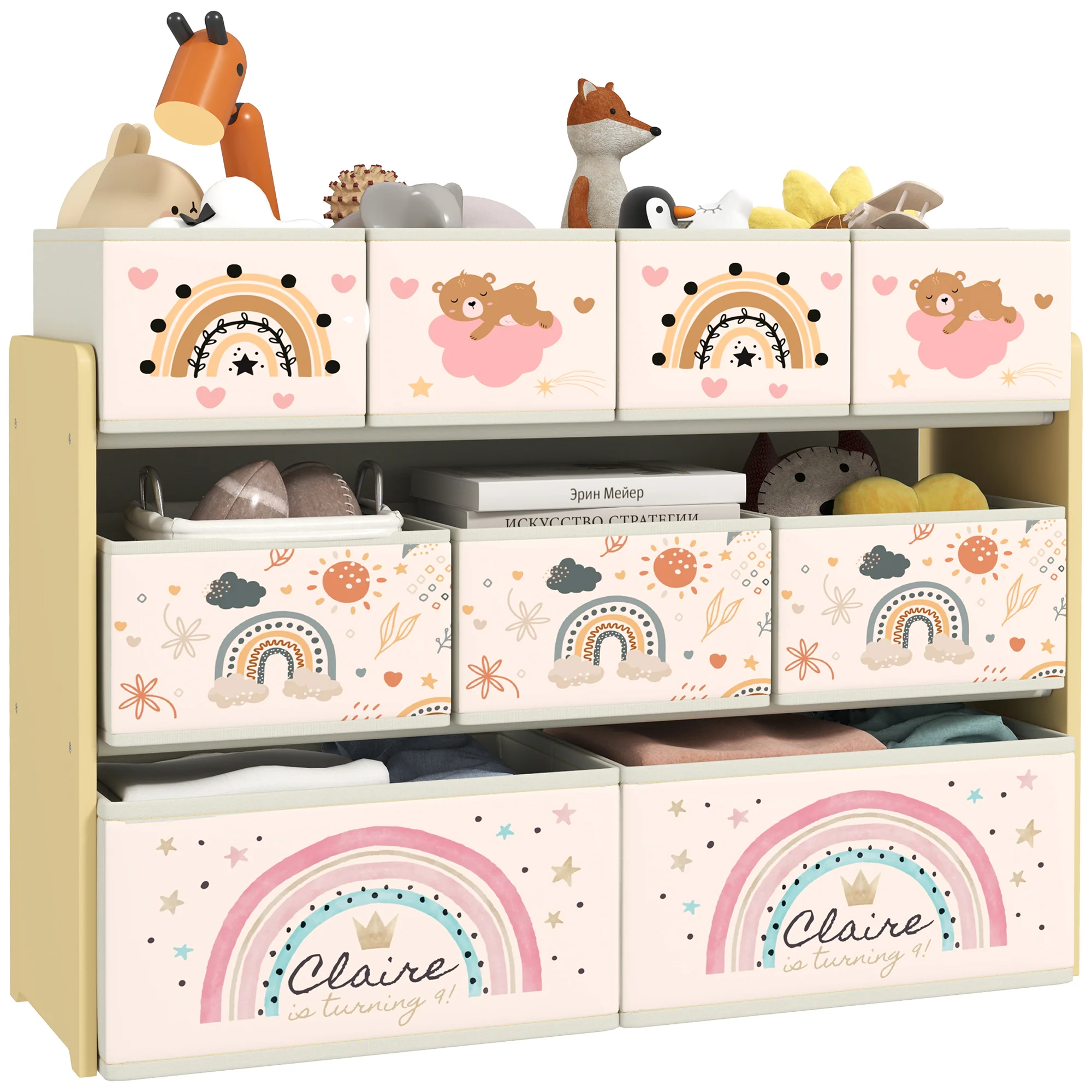 AIYAPLAY 3-Tier Toy Organiser Shelf With 9 Storage Boxes For Bedroom - Blue/Pink