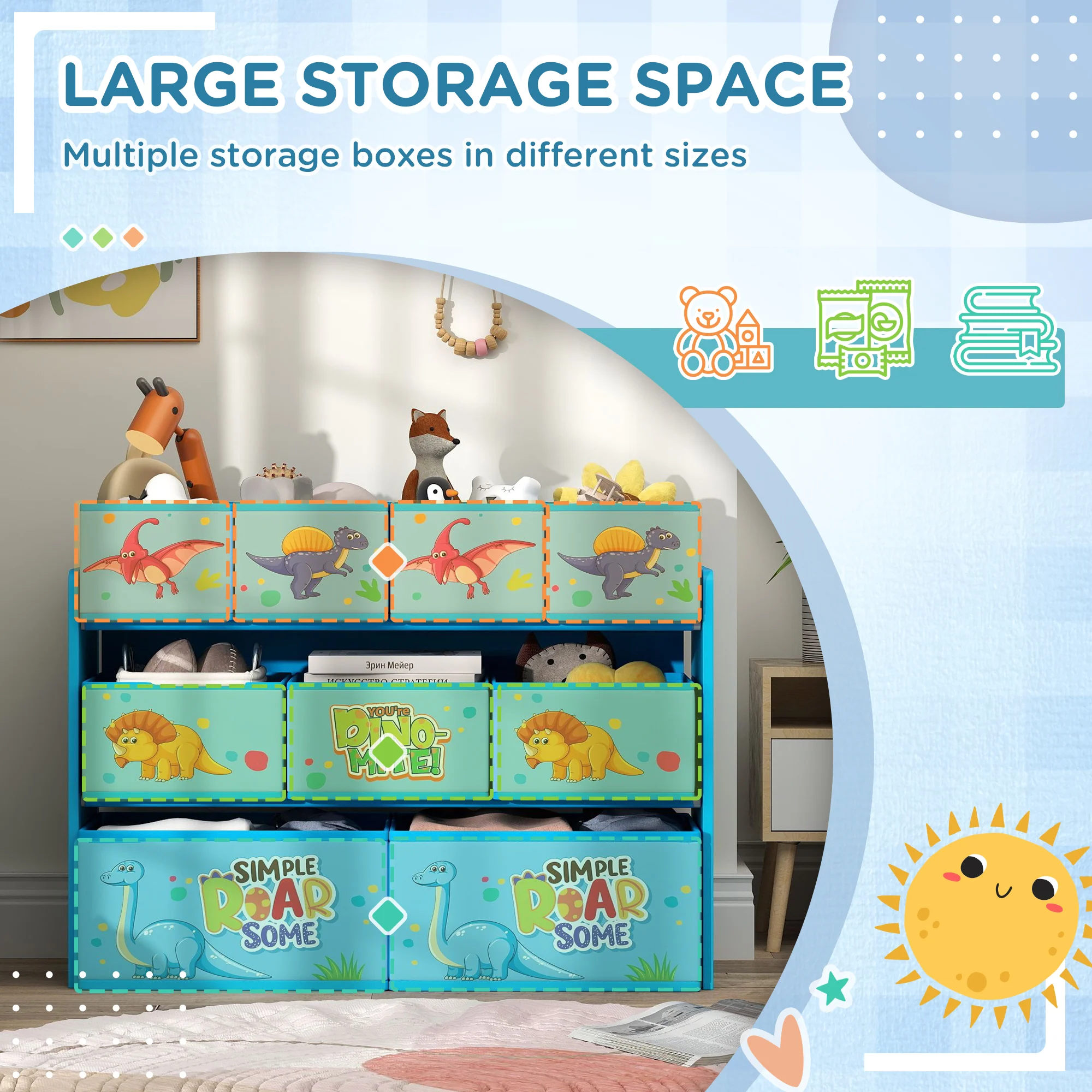 AIYAPLAY 3-Tier Toy Organiser Shelf With 9 Storage Boxes For Bedroom - Blue/Pink - Image 12