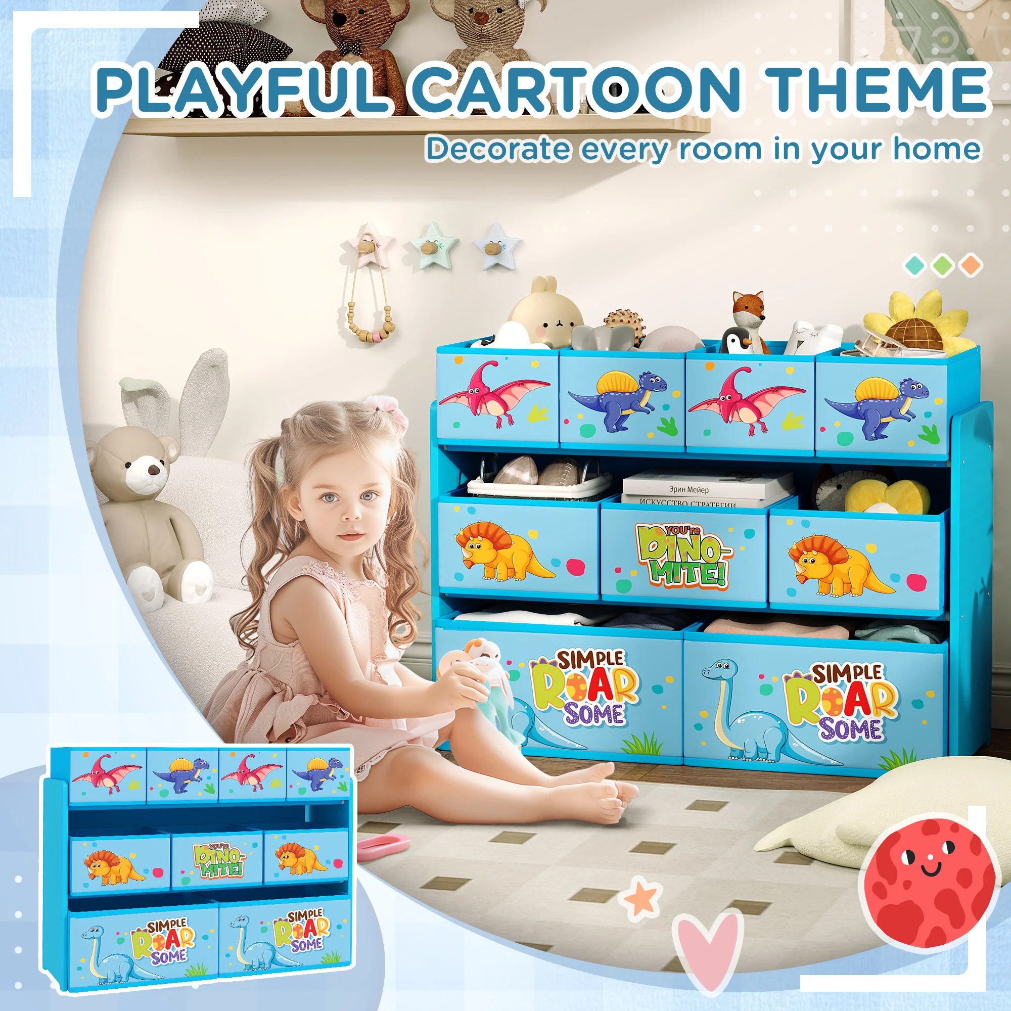 AIYAPLAY 3-Tier Toy Organiser Shelf With 9 Storage Boxes For Bedroom - Blue/Pink - Image 14