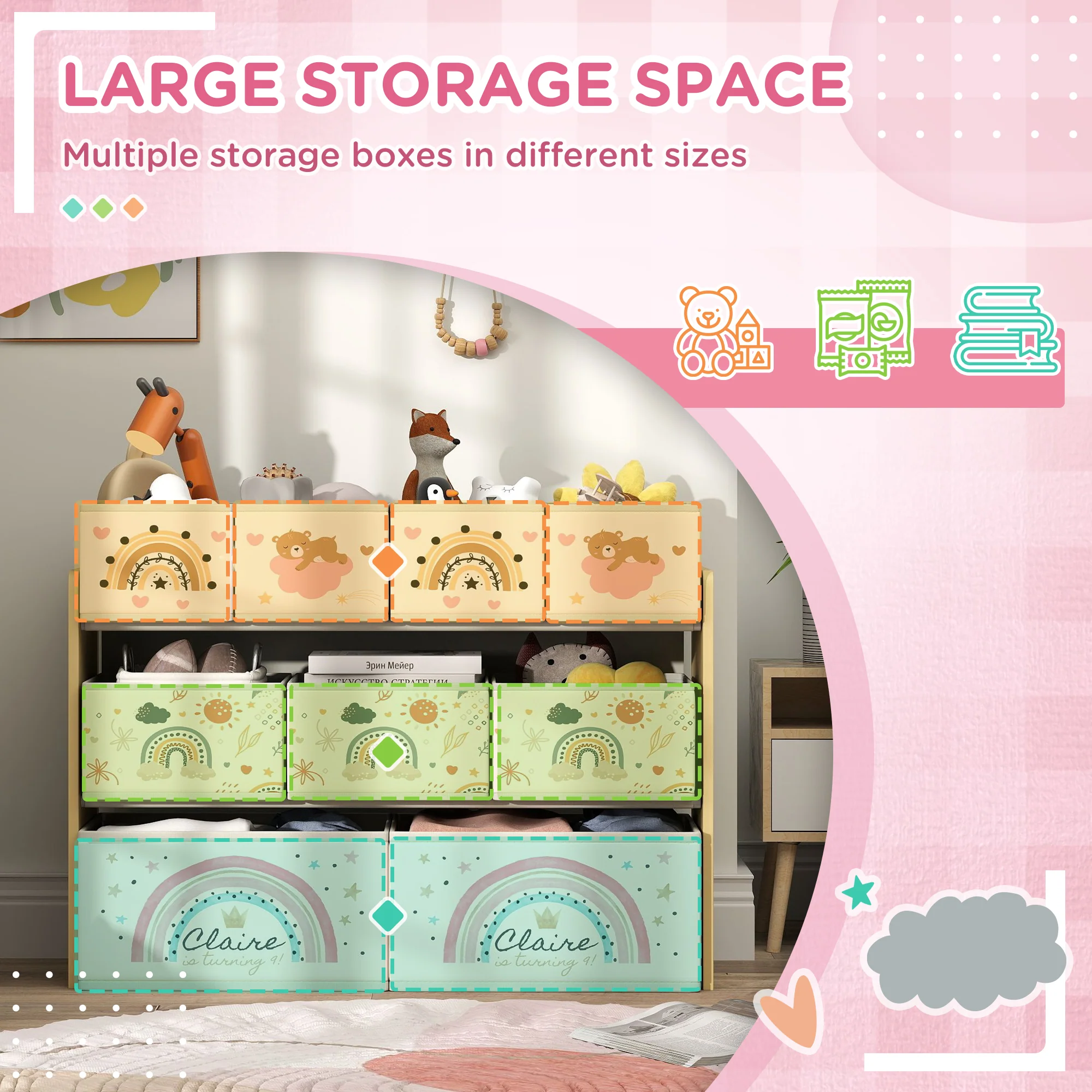 AIYAPLAY 3-Tier Toy Organiser Shelf With 9 Storage Boxes For Bedroom - Blue/Pink - Image 3