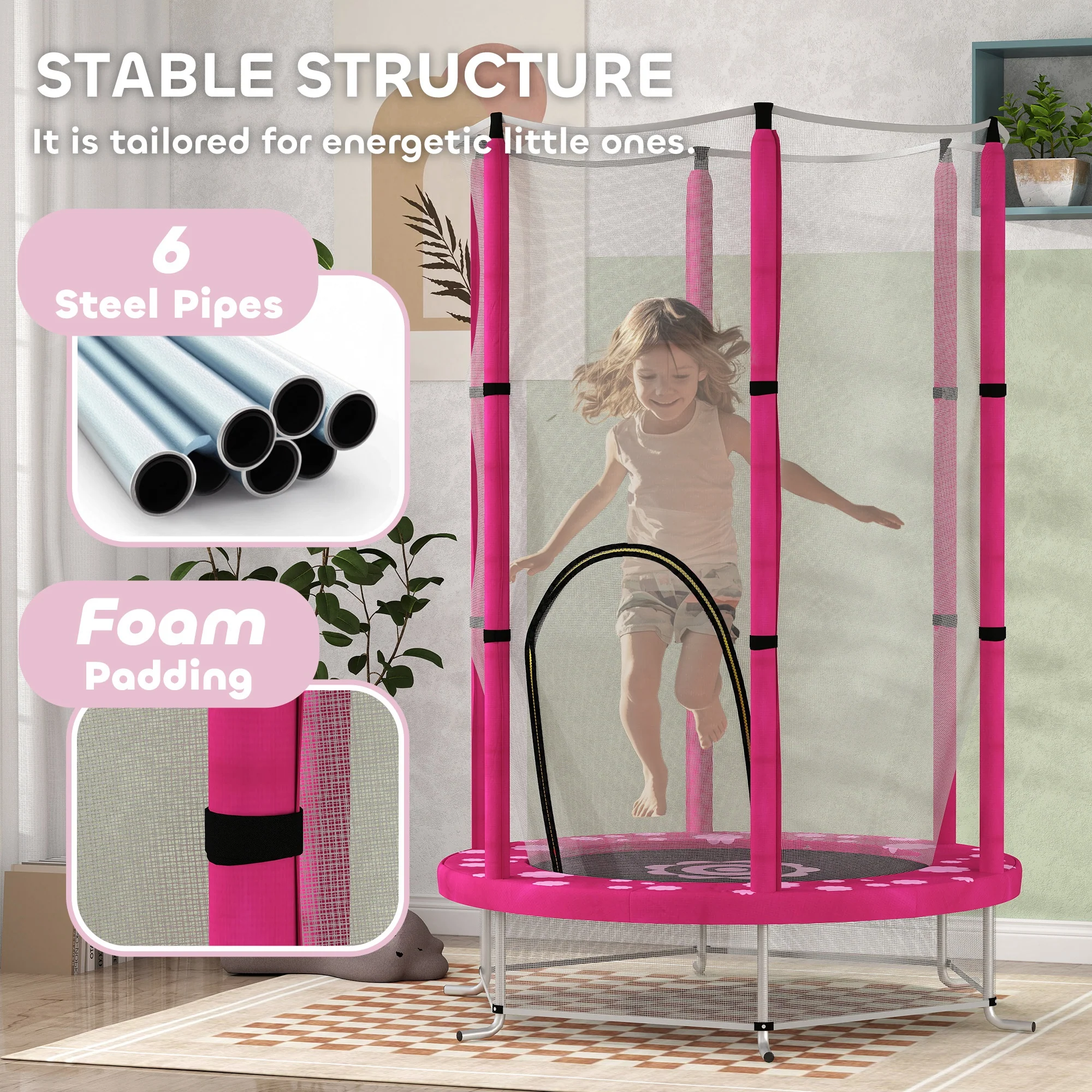 AIYAPLAY 4.6FT Kids Trampoline with Safety Enclosure Net - Pink - Image 3