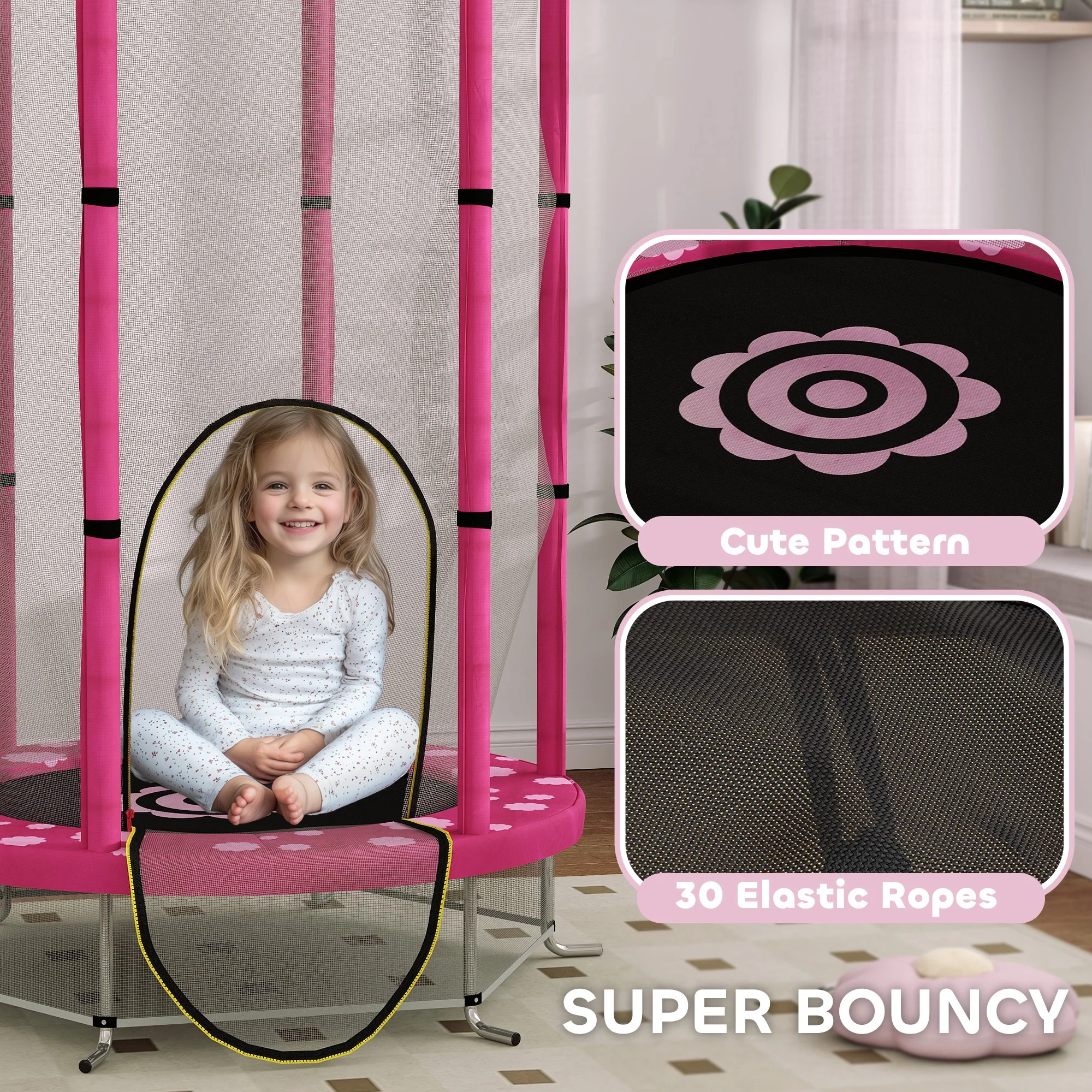 AIYAPLAY 4.6FT Kids Trampoline with Safety Enclosure Net - Pink - Image 4