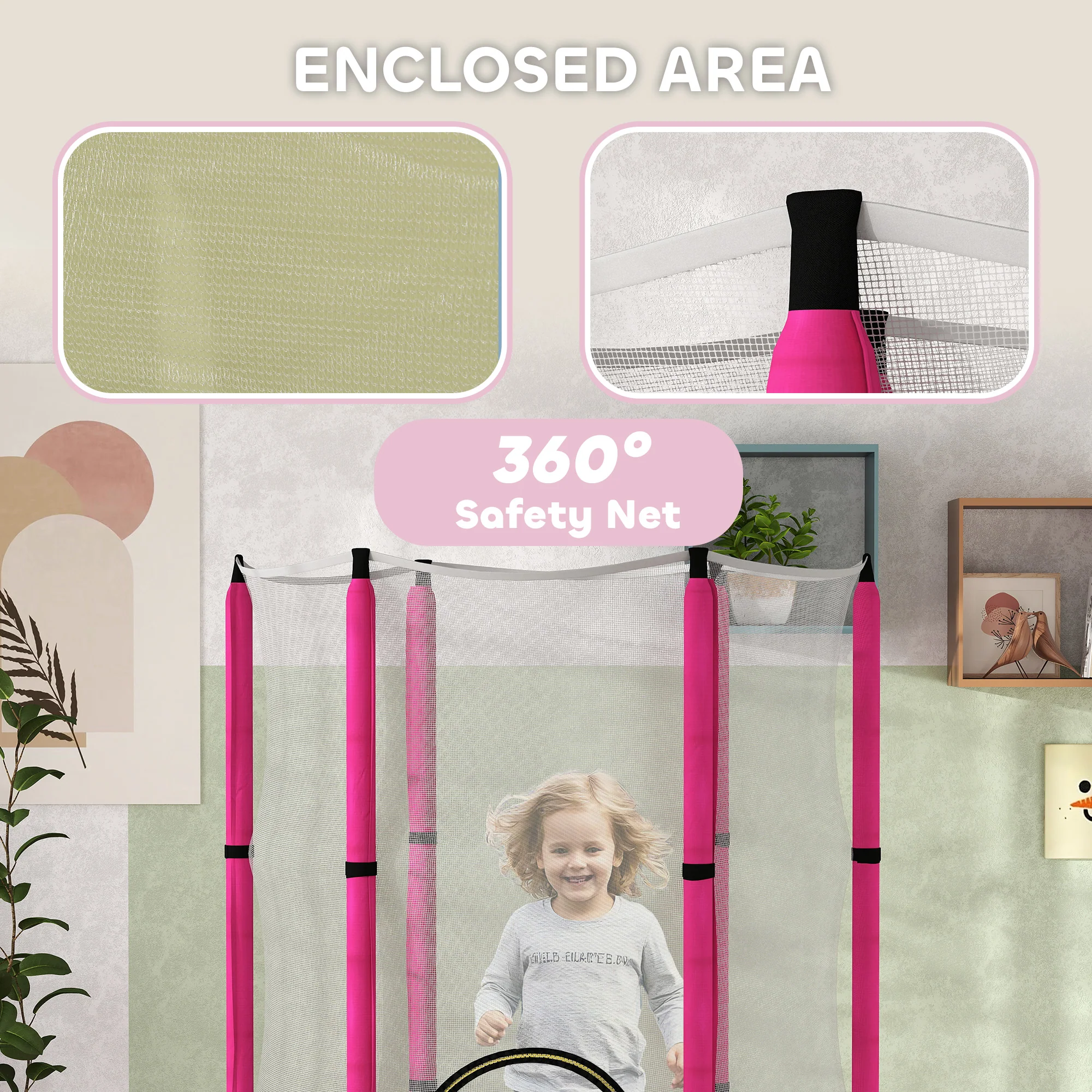 AIYAPLAY 4.6FT Kids Trampoline with Safety Enclosure Net - Pink - Image 6