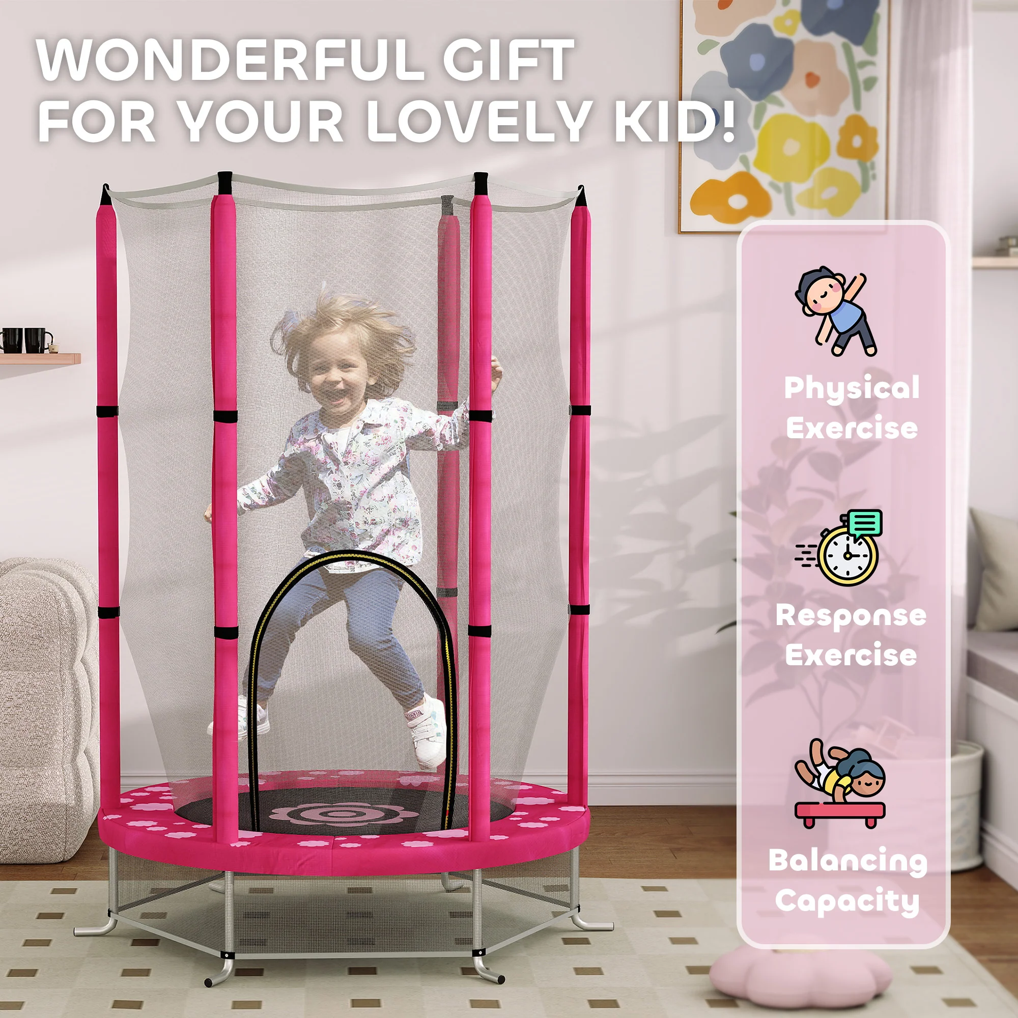 AIYAPLAY 4.6FT Kids Trampoline with Safety Enclosure Net - Pink - Image 8