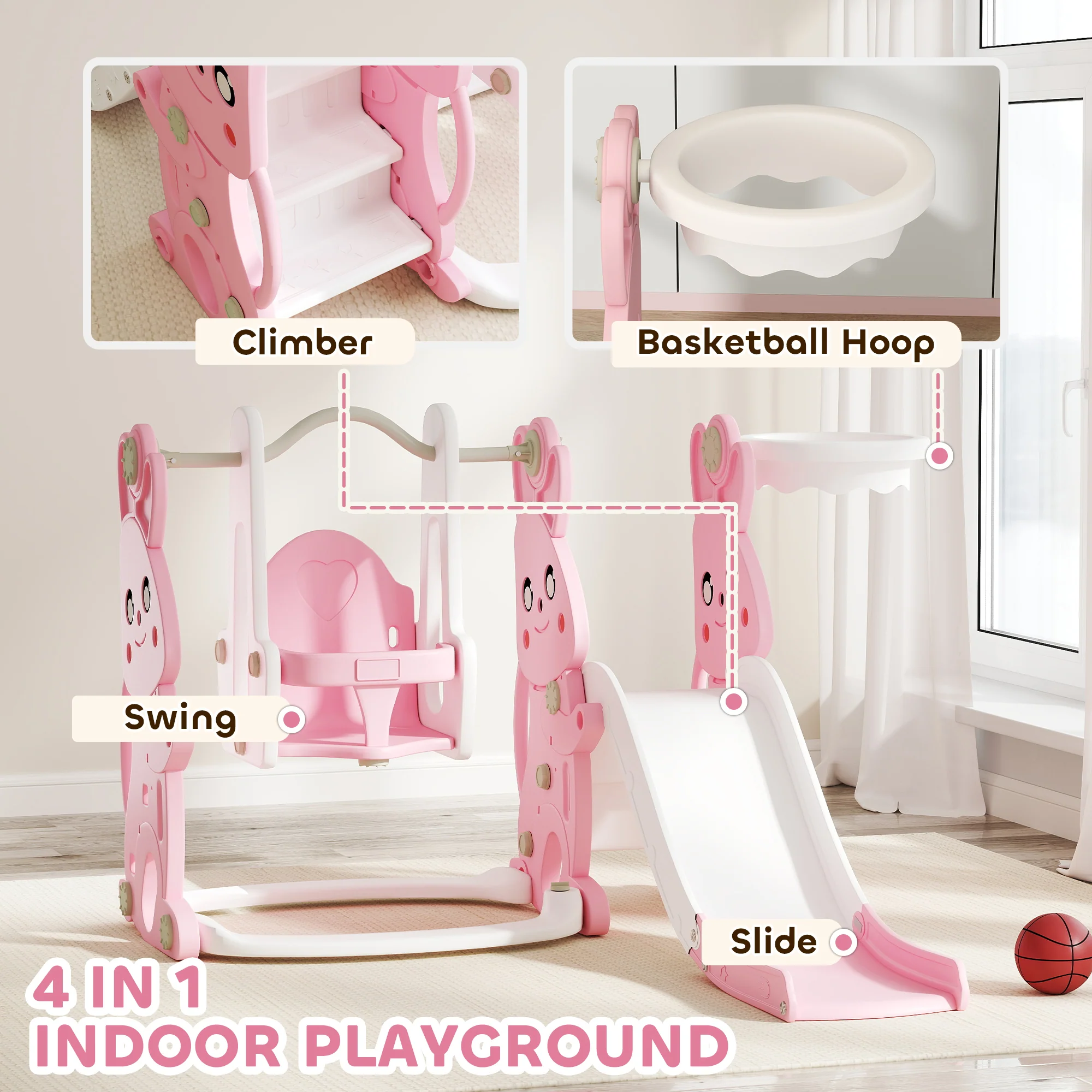 AIYAPLAY 4 in 1 Kids Slide and Swing Set with Climber, Basketball Hoop, Pink - Image 3