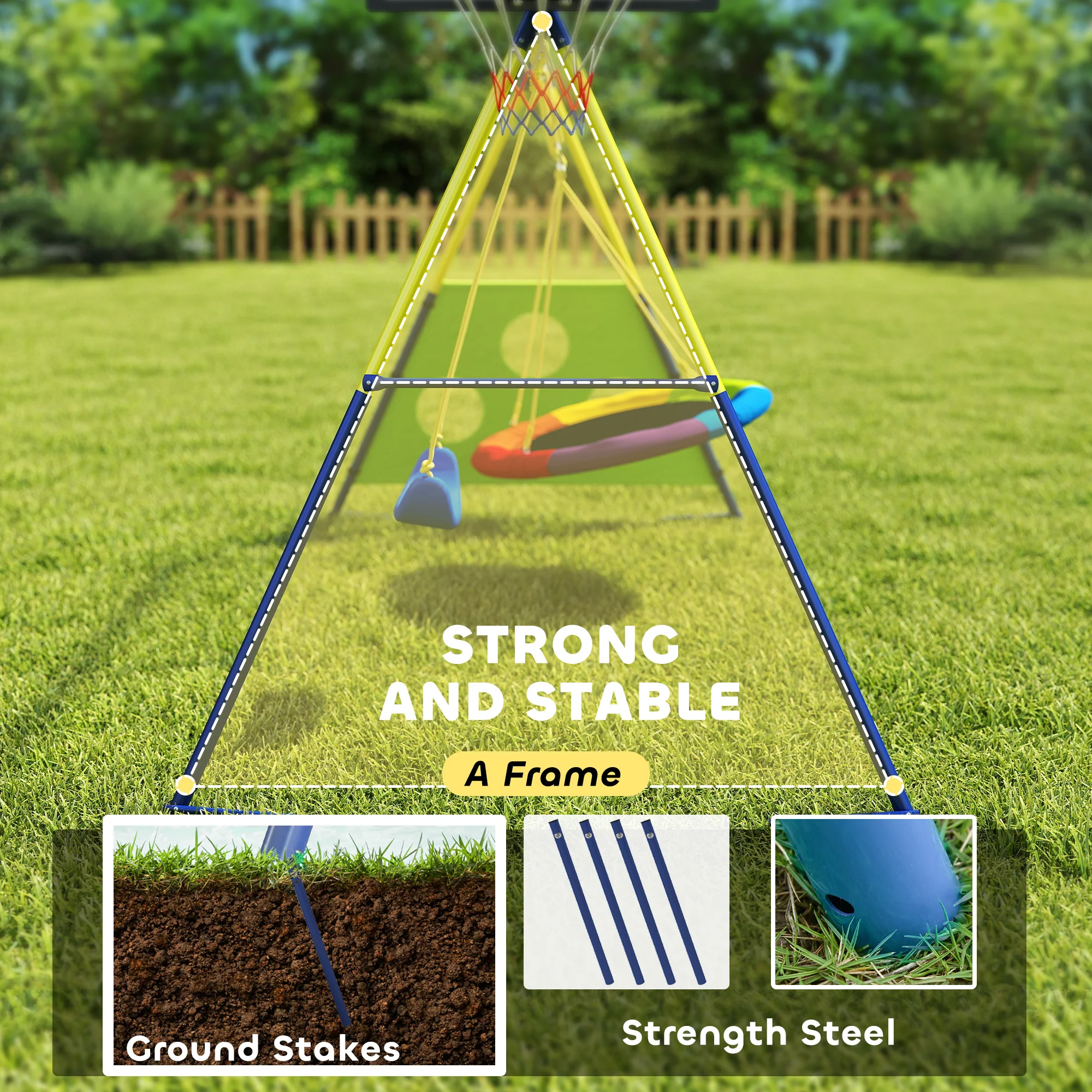 AIYAPLAY 4-in-1 Kids Swing Set With Swing, Basketball Hoop, Football Goal - Image 4