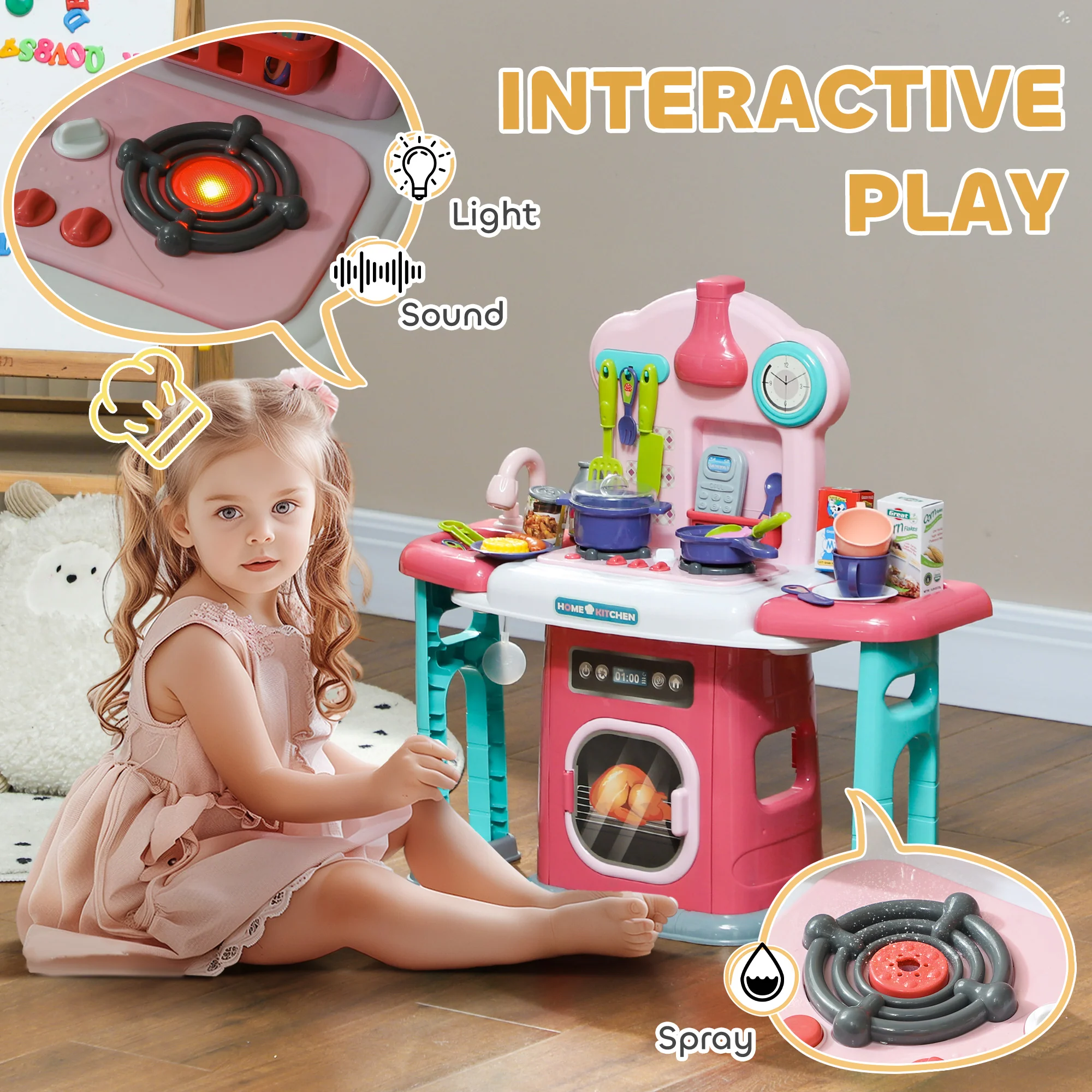 AIYAPLAY 45 Pieces Kids Kitchen w/ Rotating Tables, Light, Sound, Spray - Image 3