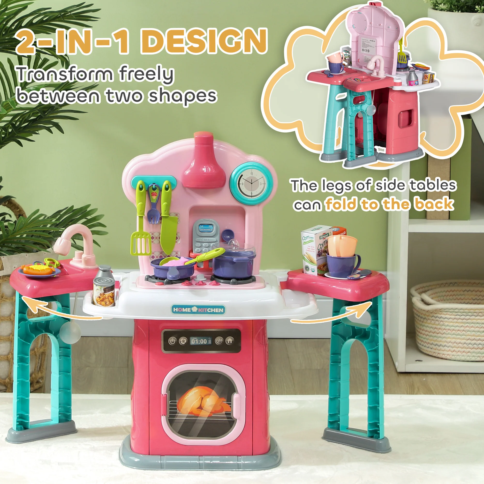 AIYAPLAY 45 Pieces Kids Kitchen w/ Rotating Tables, Light, Sound, Spray - Image 6