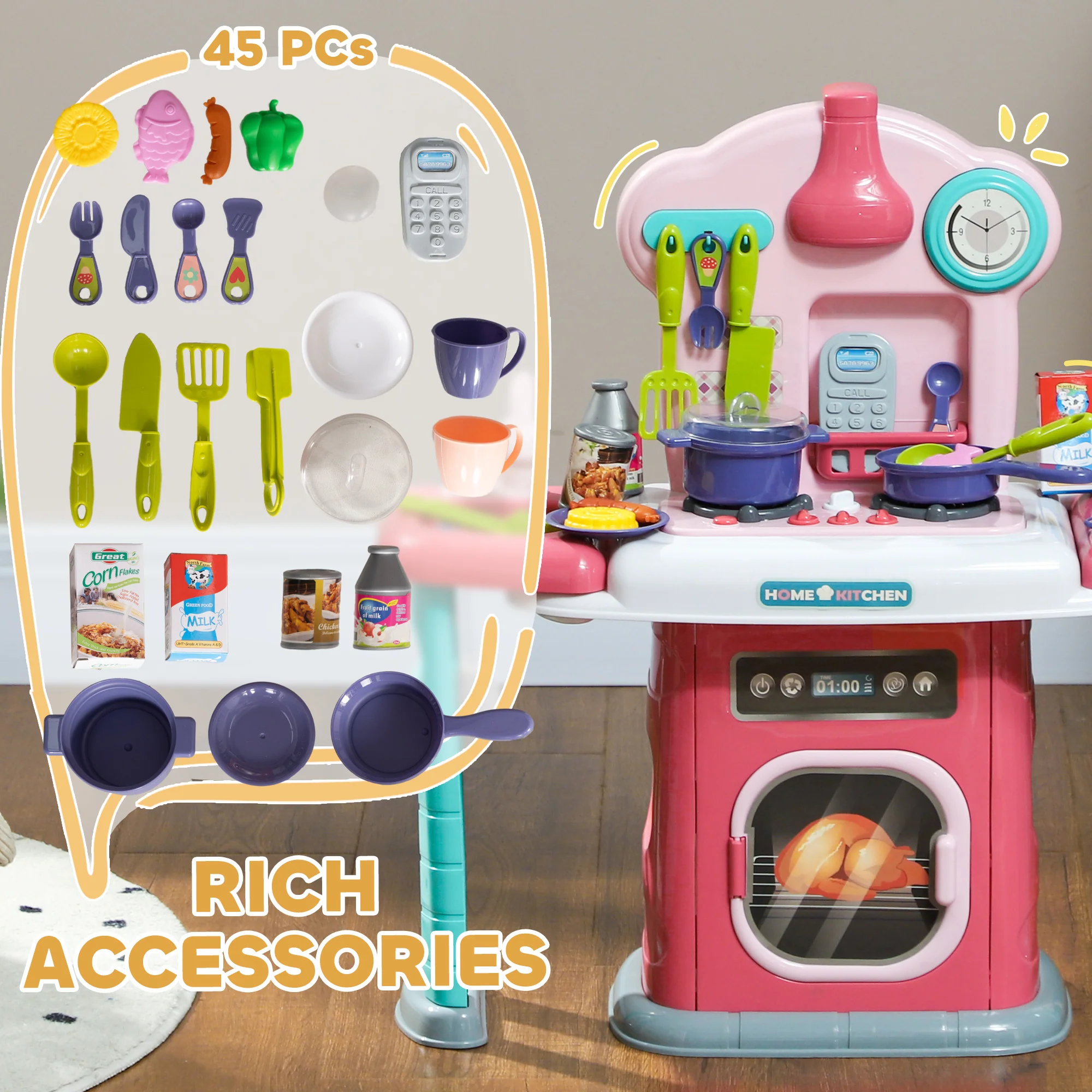 AIYAPLAY 45 Pieces Kids Kitchen w/ Rotating Tables, Light, Sound, Spray - Image 8