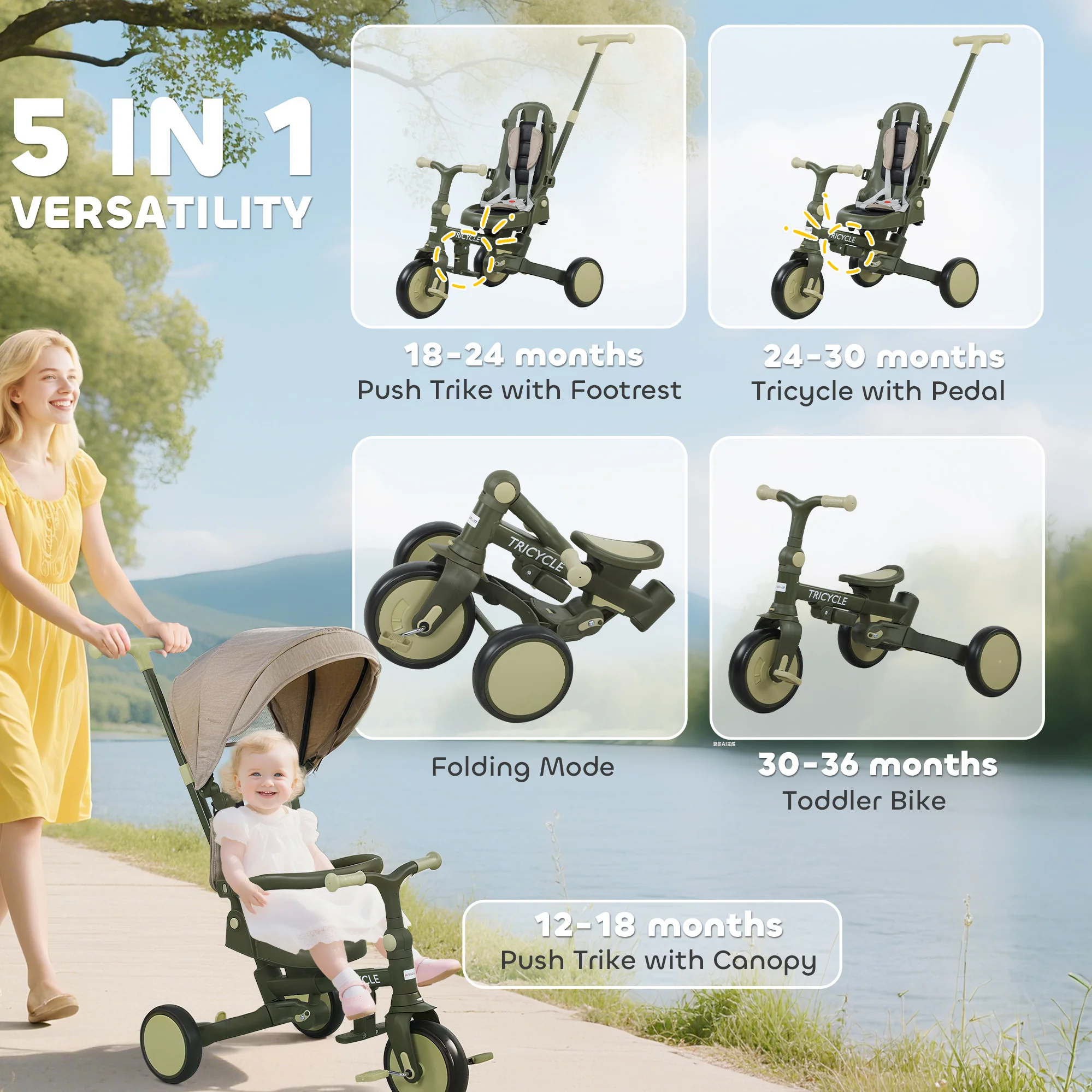 AIYAPLAY 5 In 1 Foldable Kids Trike, Toddler Tricycle For 1-3 Years, - Image 12