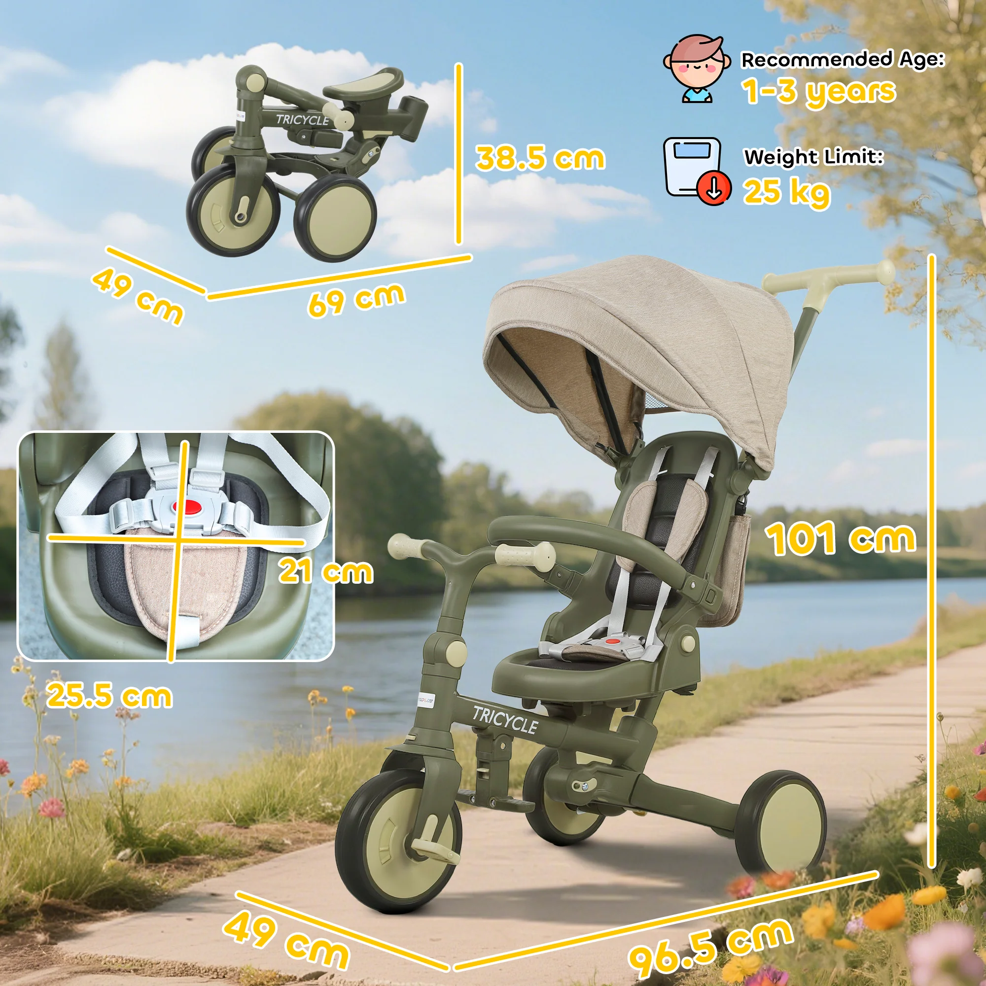 AIYAPLAY 5 In 1 Foldable Kids Trike, Toddler Tricycle For 1-3 Years, - Image 14