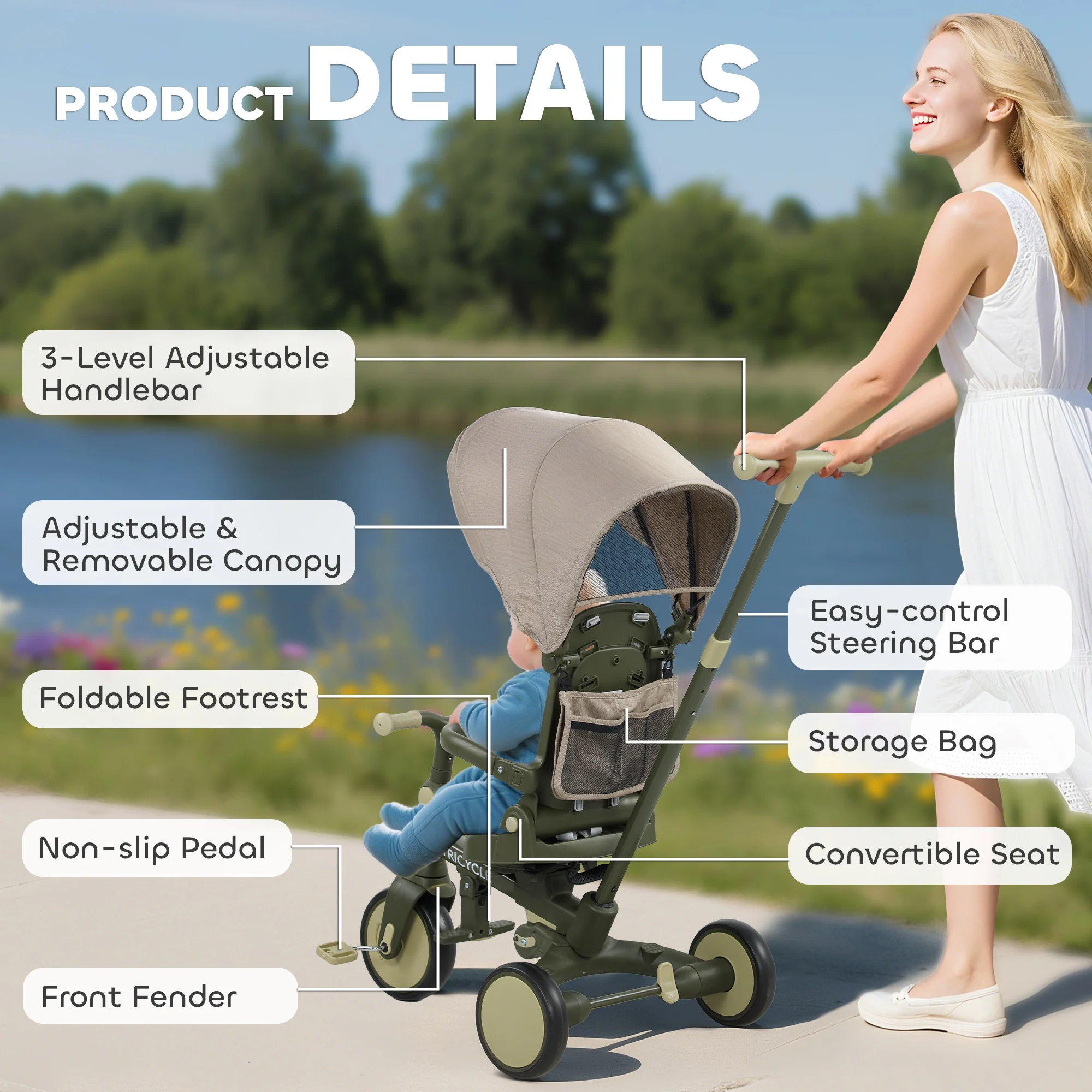 AIYAPLAY 5 In 1 Foldable Kids Trike, Toddler Tricycle For 1-3 Years, - Image 18